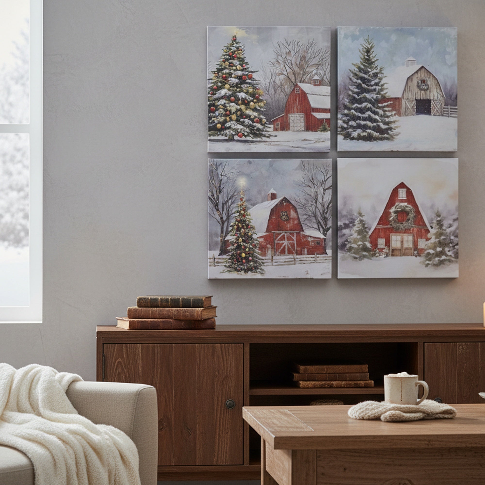 Canvas Wall Art Winter Barn Assorted, Winter, Wall Decor, Holiday Decor- Set of 4