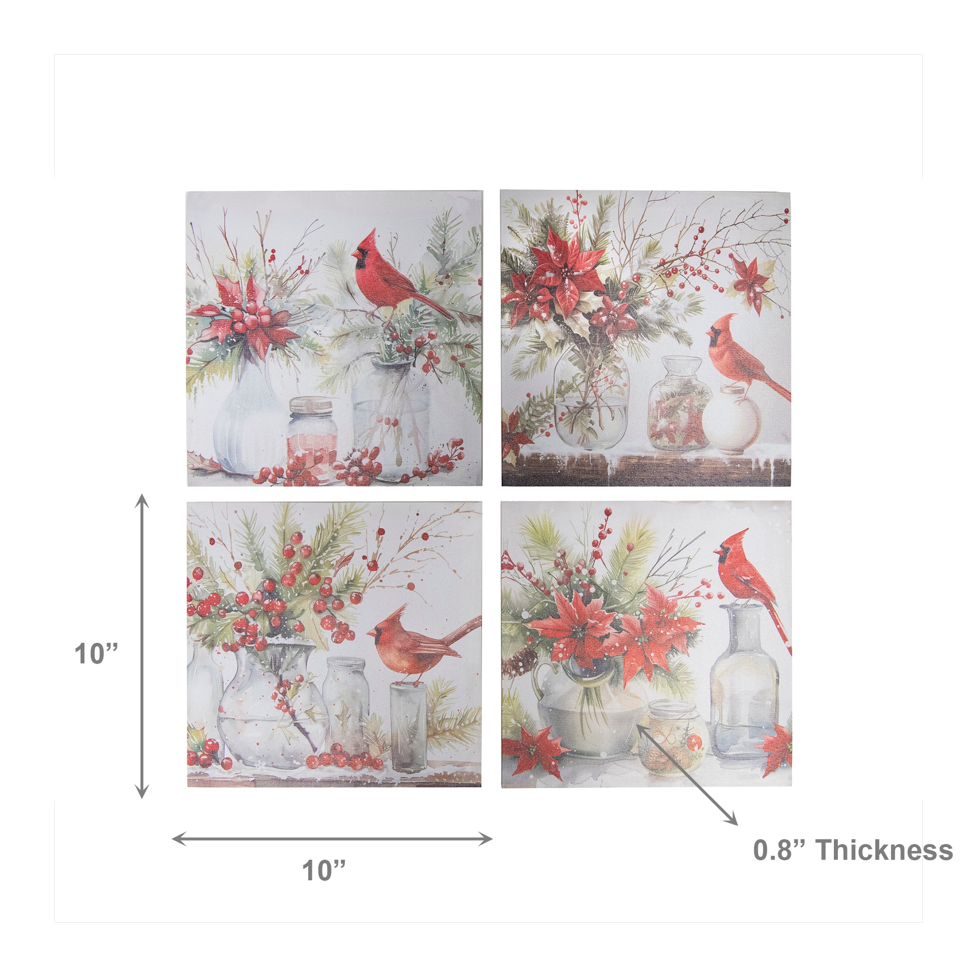 Canvas Wall Art Cardinal on Vase Assorted, Christmas, Wall Decor, Holiday Decor- Set of 4