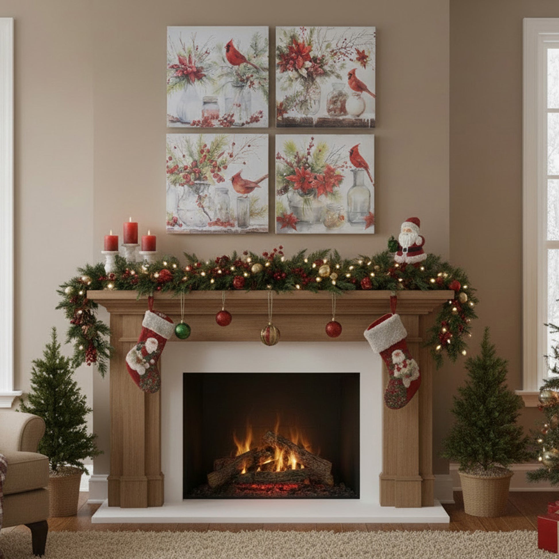 Canvas Wall Art Cardinal on Vase Assorted, Christmas, Wall Decor, Holiday Decor- Set of 4