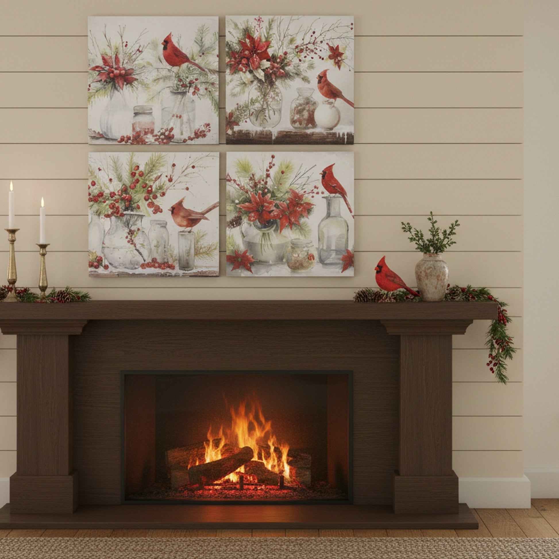 Canvas Wall Art Cardinal on Vase Assorted, Christmas, Wall Decor, Holiday Decor- Set of 4