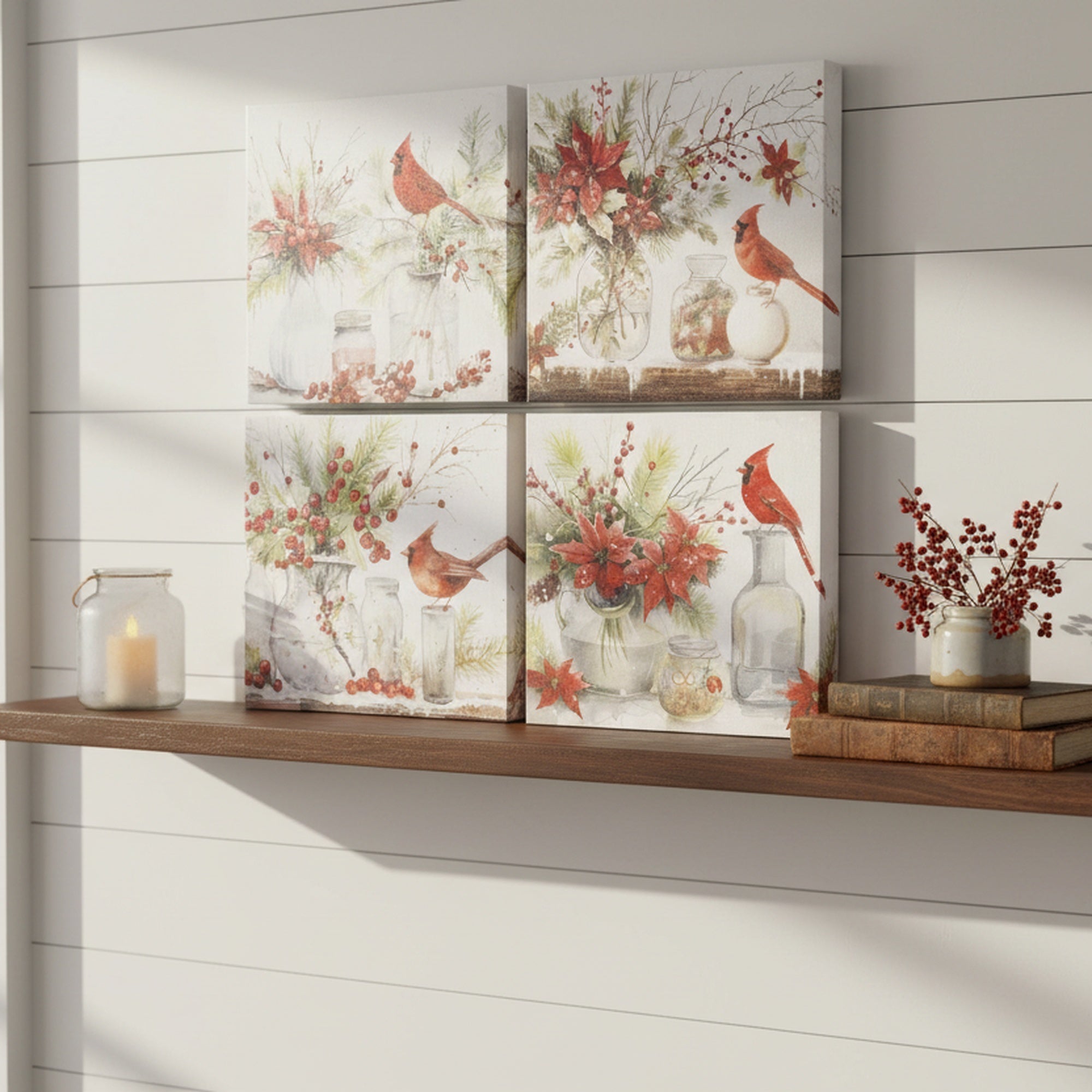 Canvas Wall Art Cardinal on Vase Assorted, Christmas, Wall Decor, Holiday Decor- Set of 4