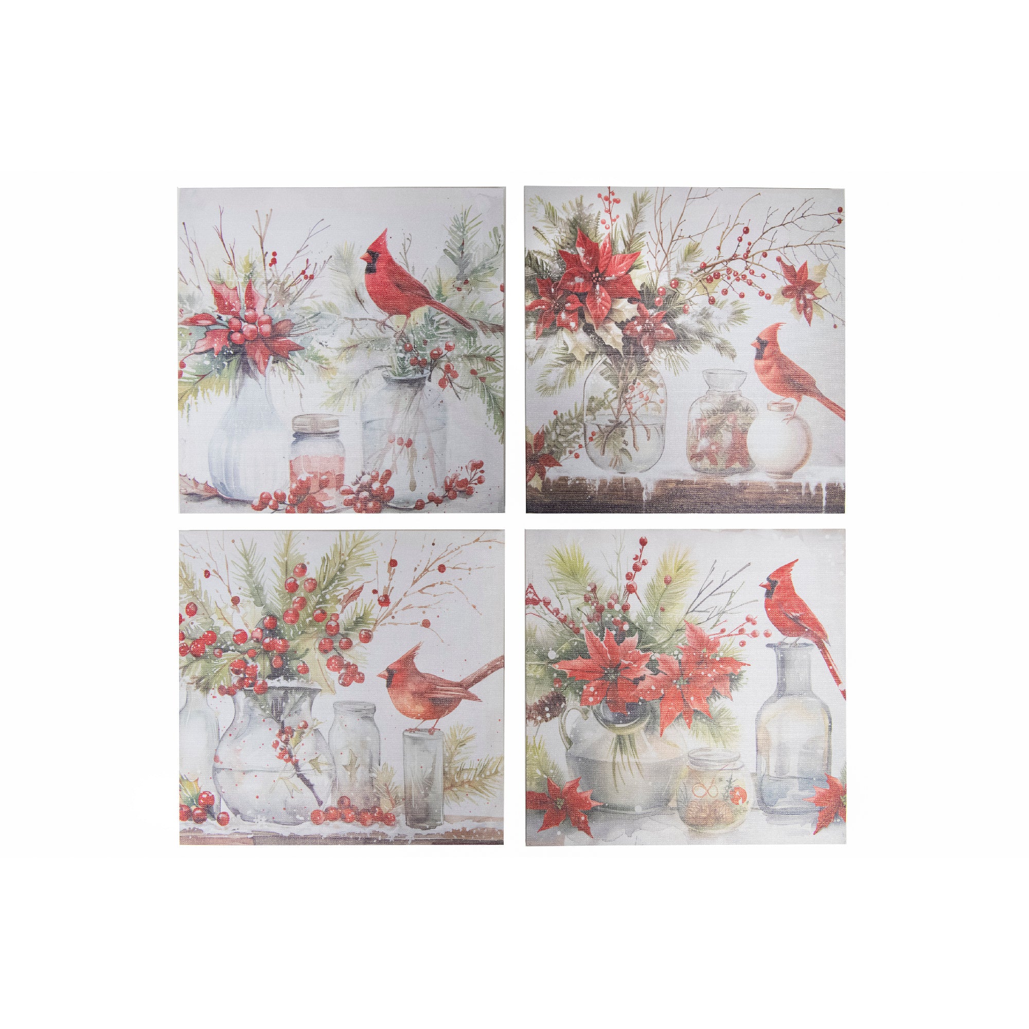 Canvas Wall Art Cardinal on Vase Assorted, Christmas, Wall Decor, Holiday Decor- Set of 4