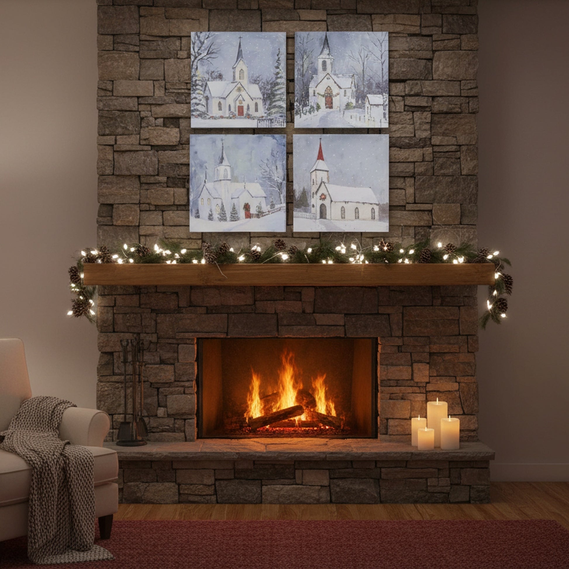 Canvas Wall Art Winter Church Assorted, Winter, Wall Decor, Holiday Decor- Set of 4
