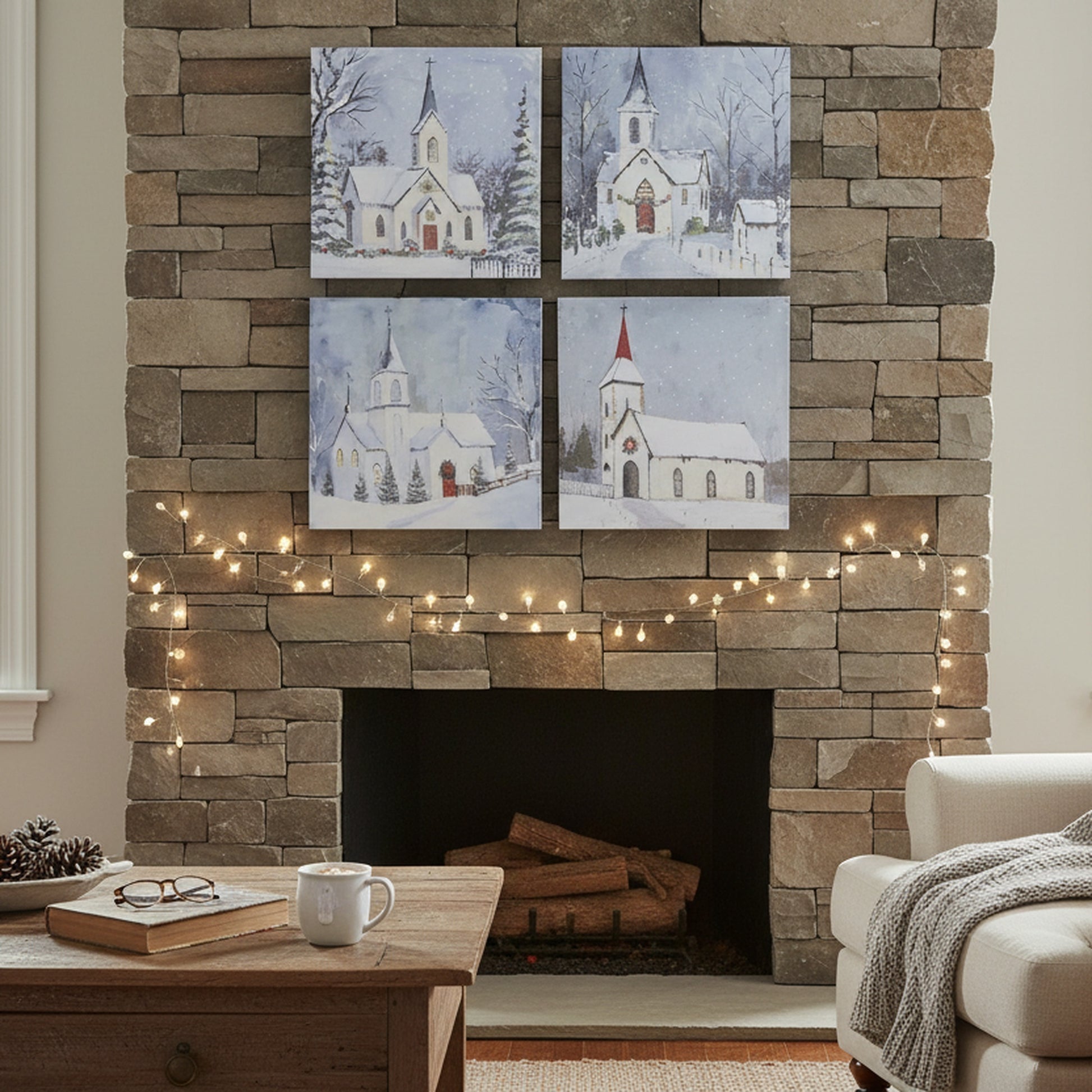 Canvas Wall Art Winter Church Assorted, Winter, Wall Decor, Holiday Decor- Set of 4