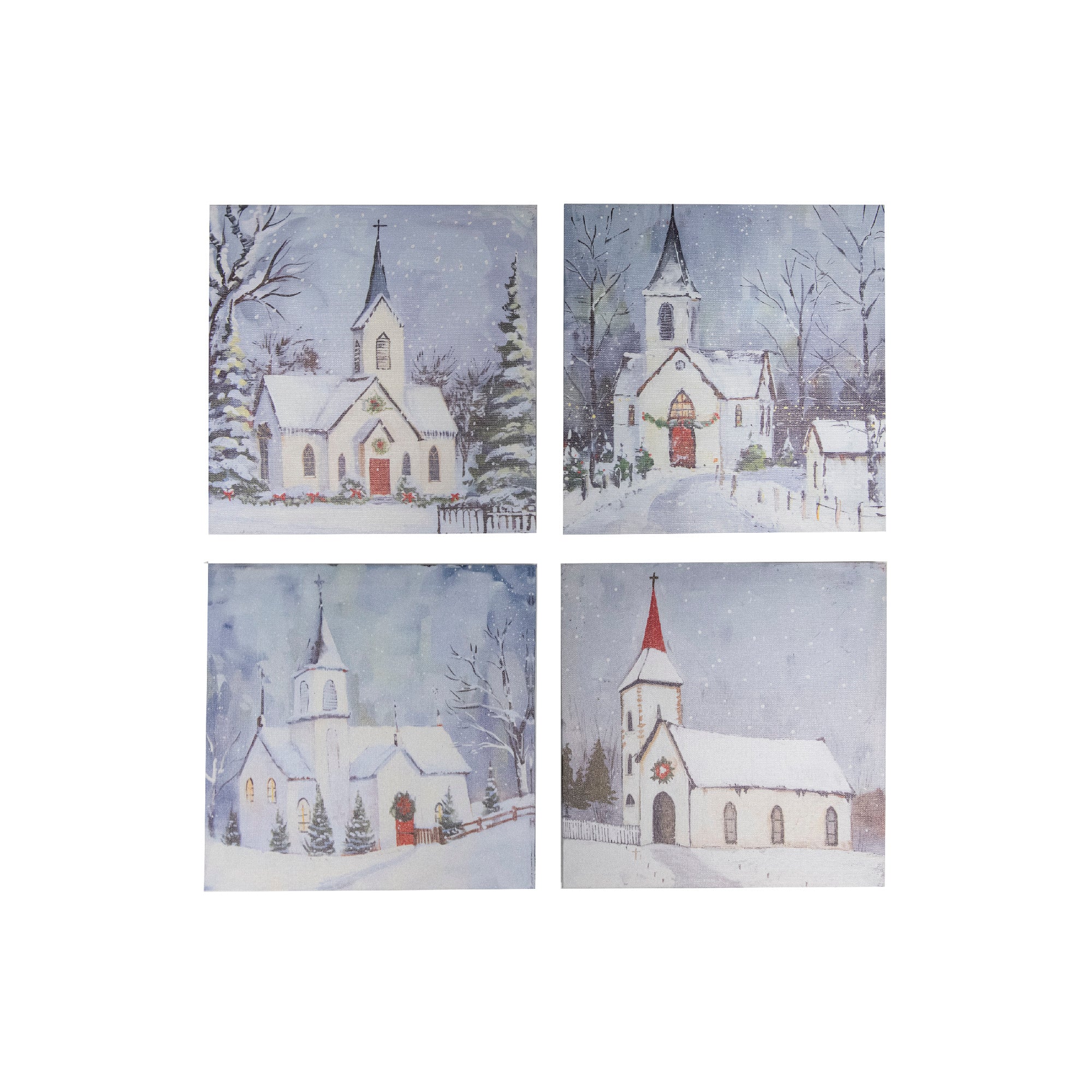 Canvas Wall Art Winter Church Assorted, Winter, Wall Decor, Holiday Decor- Set of 4