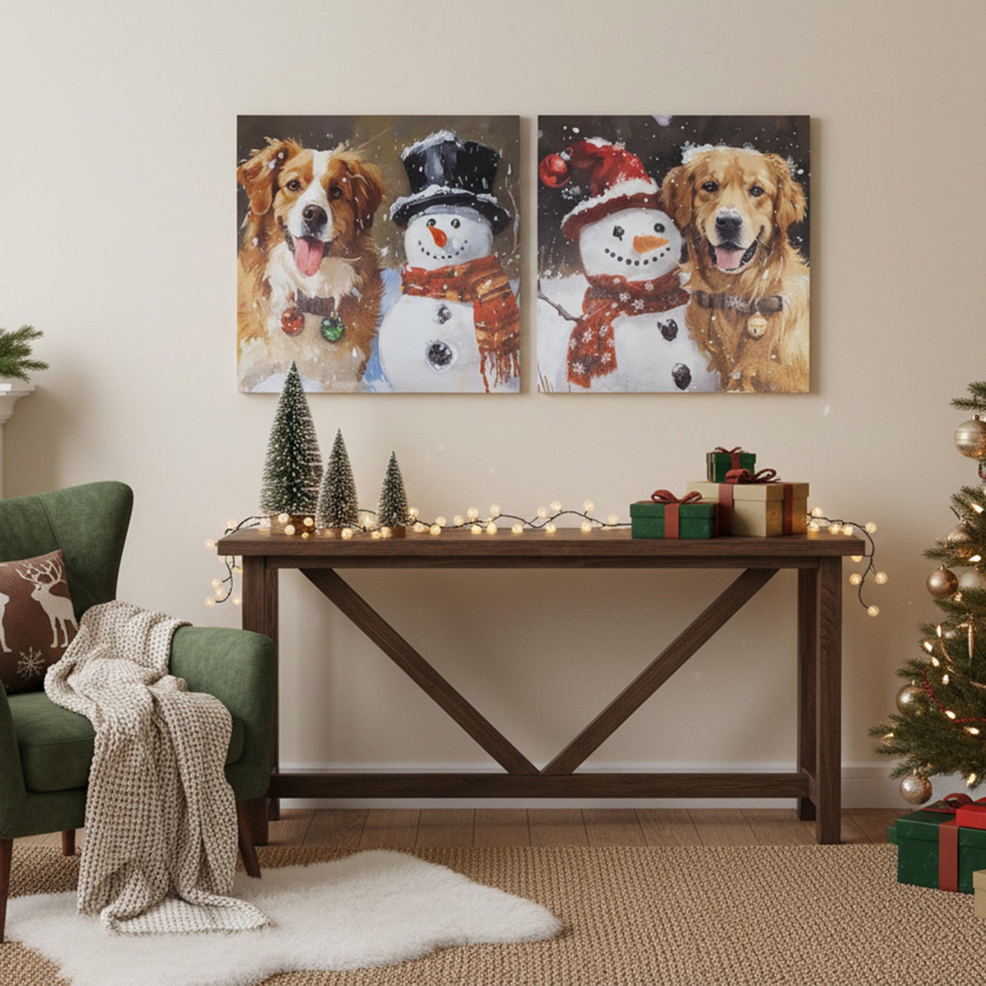 19.7" Canvas Wall Art Dog and Snowman Assorted, Christmas, Wall Decor, Holiday Decor