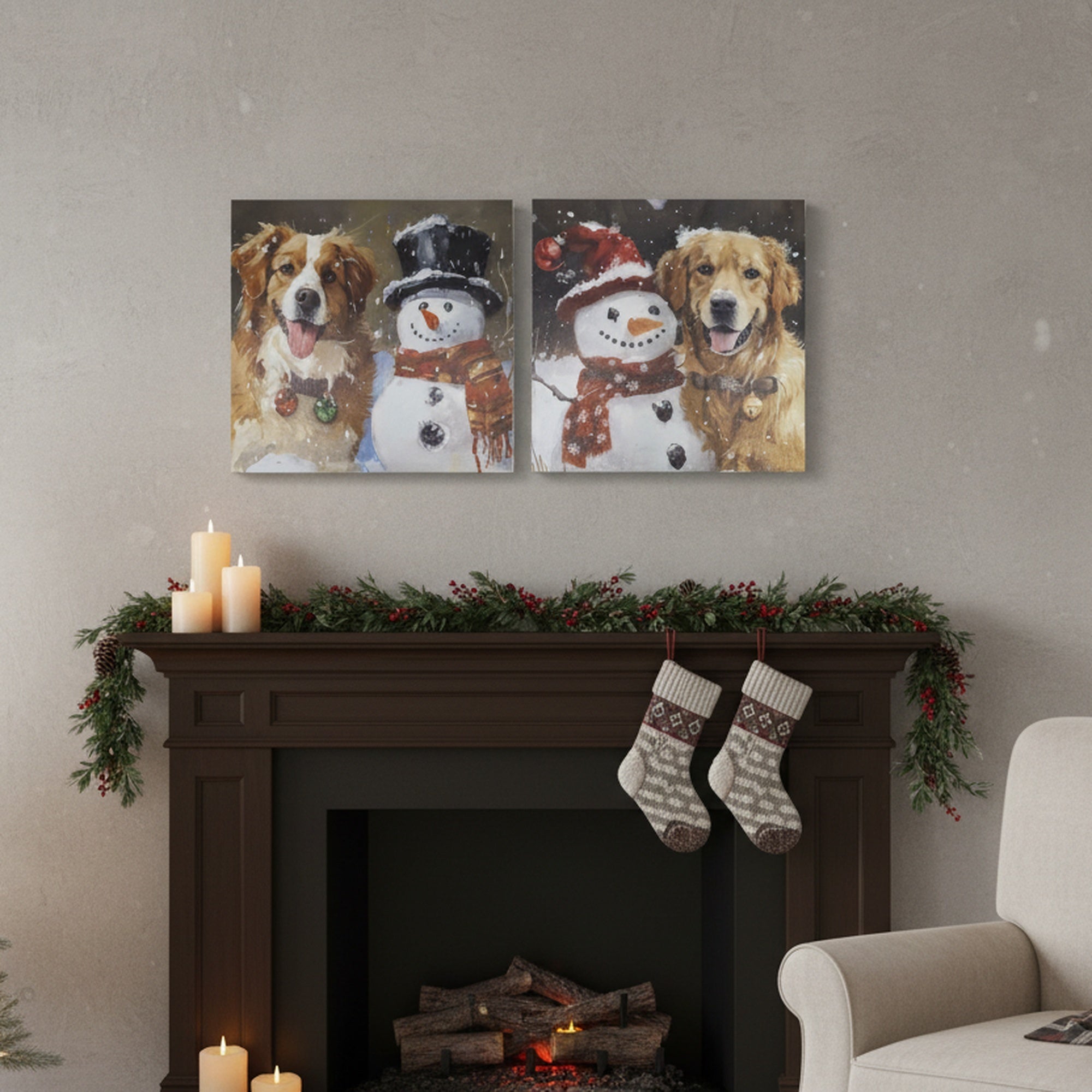 19.7" Canvas Wall Art Dog and Snowman Assorted, Christmas, Wall Decor, Holiday Decor