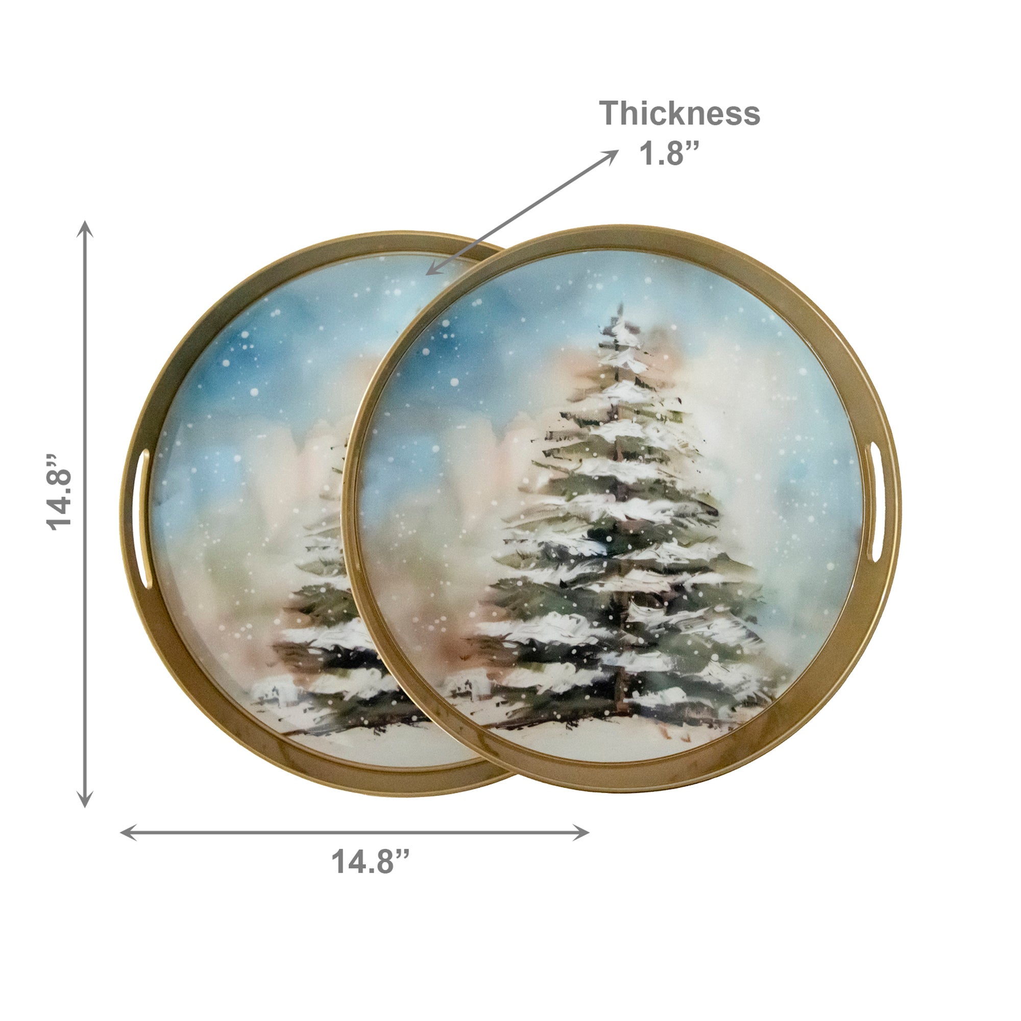 Round Nested Tray Snow Covered Tree Set of 2, Winter, Storage Box, Holiday Decor