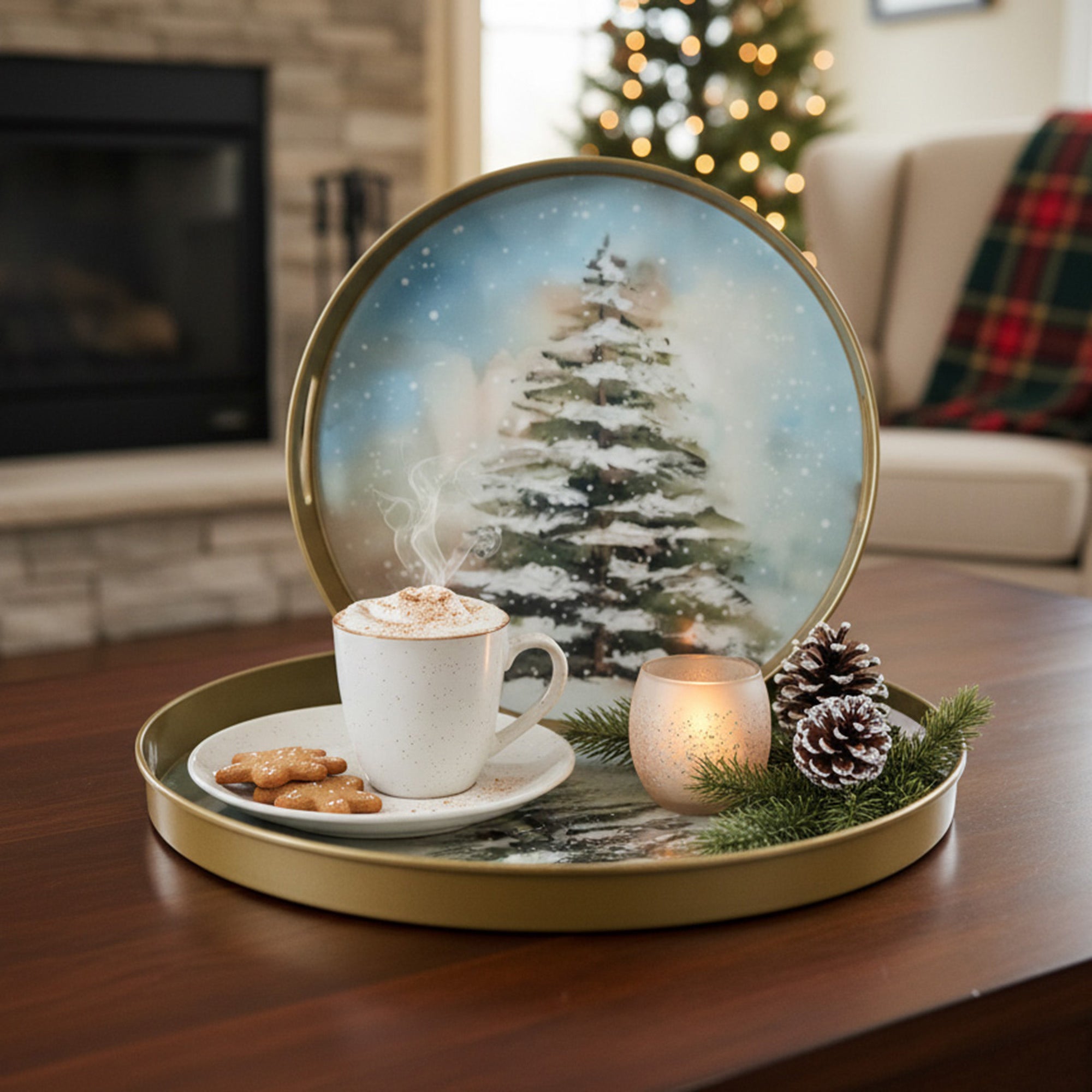 Round Nested Tray Snow Covered Tree Set of 2, Winter, Storage Box, Holiday Decor