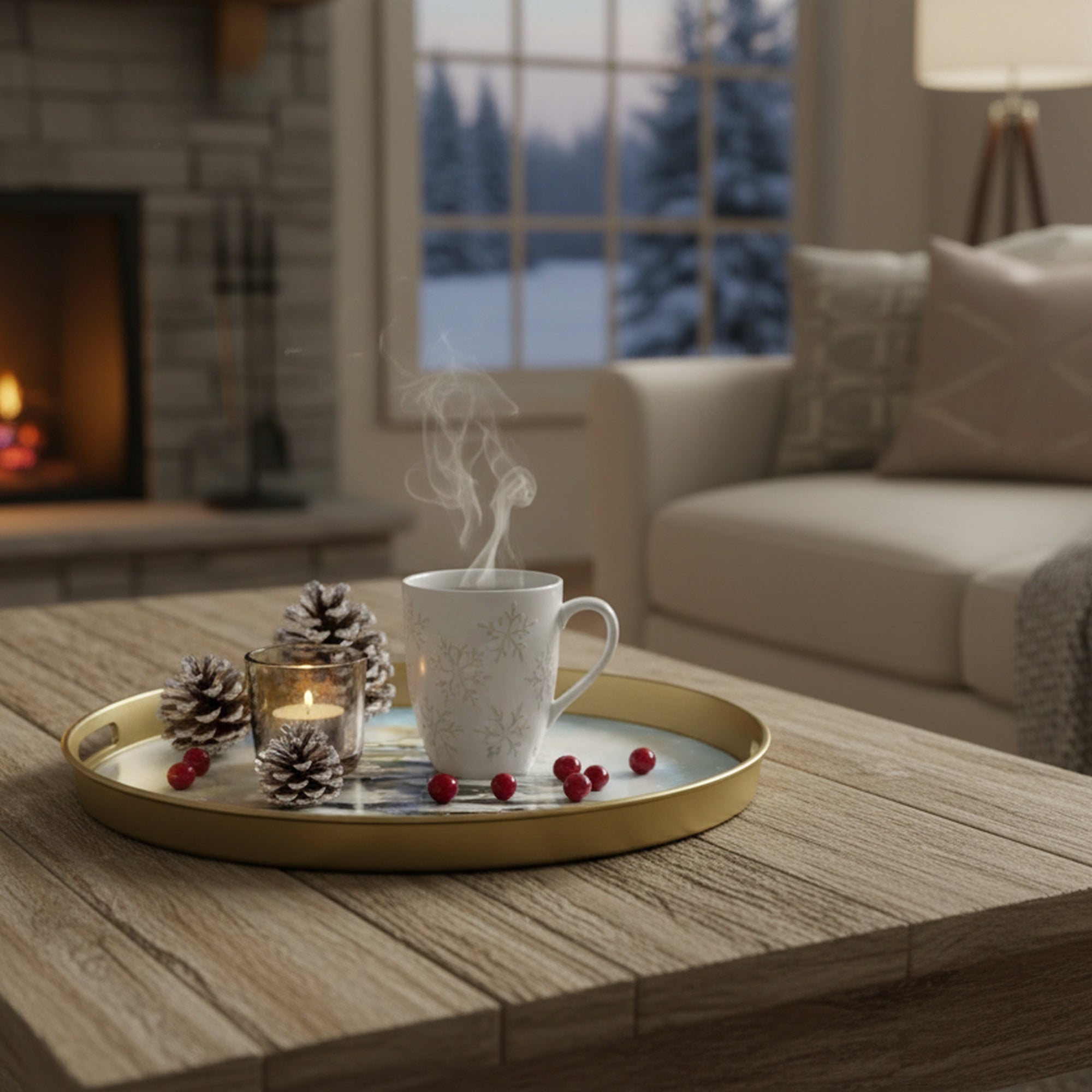 Round Nested Tray Snow Covered Tree Set of 2, Winter, Storage Box, Holiday Decor