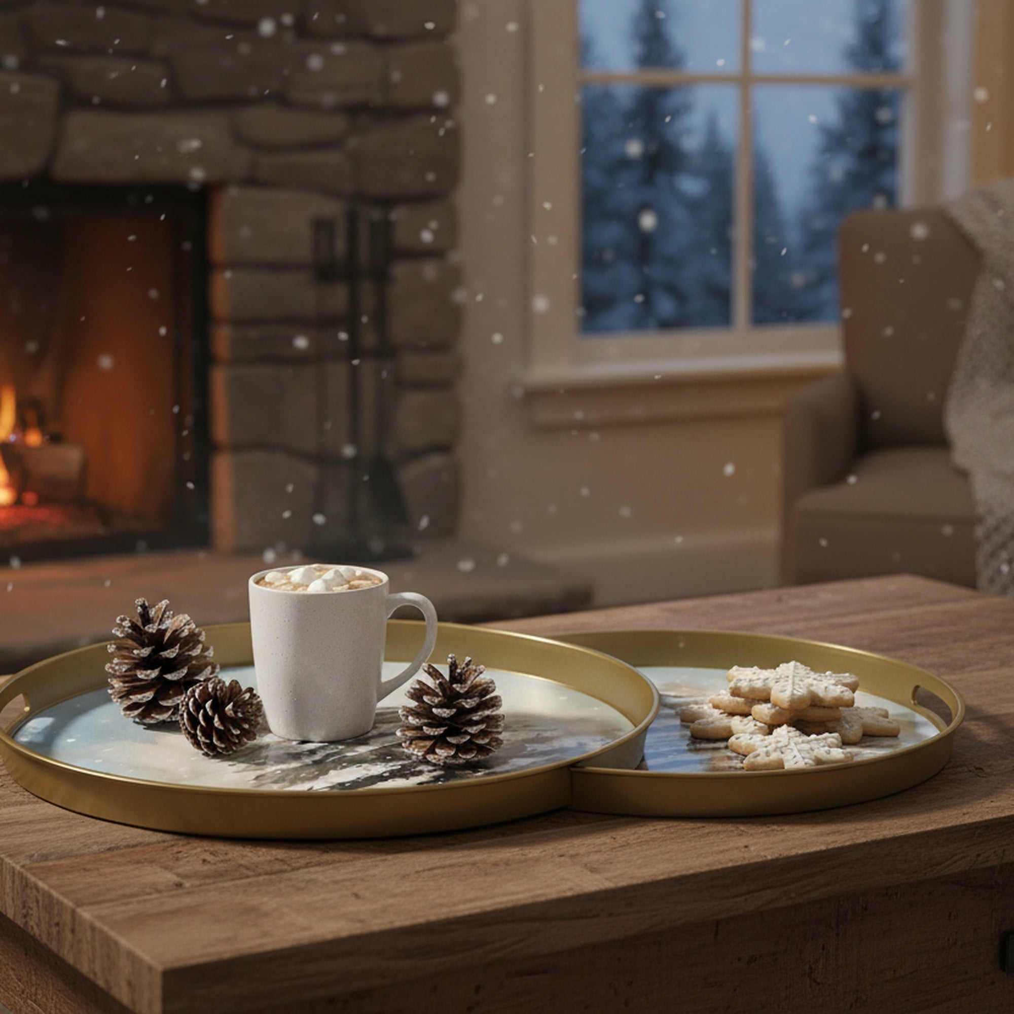 Round Nested Tray Snow Covered Tree Set of 2, Winter, Storage Box, Holiday Decor
