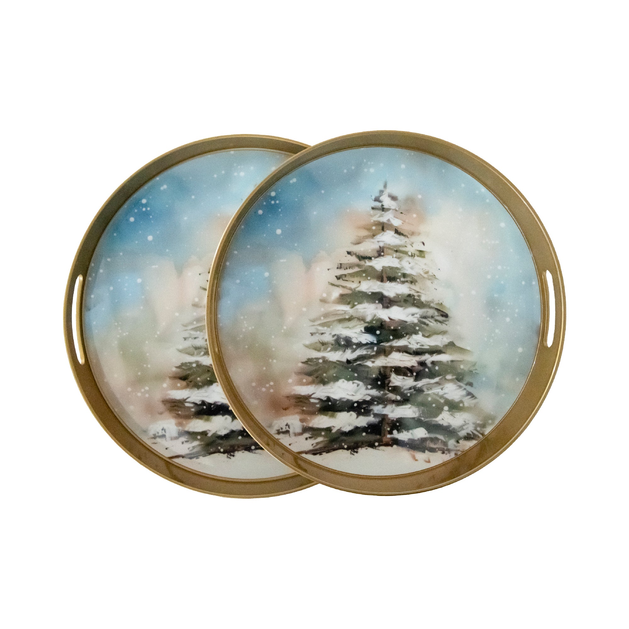 Round Nested Tray Snow Covered Tree Set of 2, Winter, Storage Box, Holiday Decor