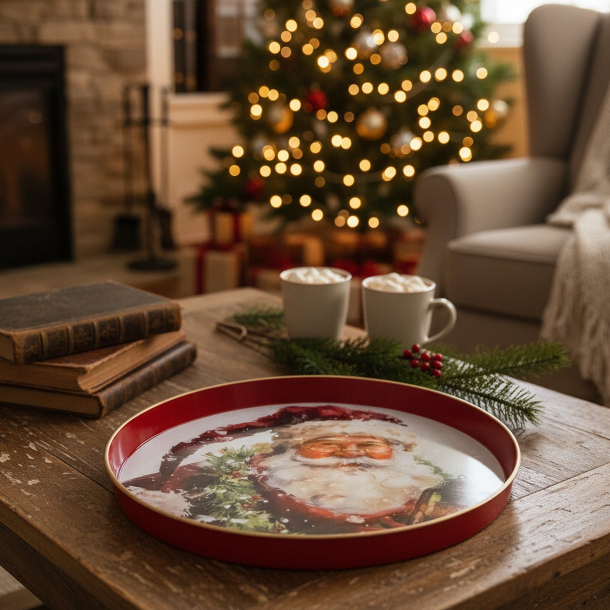 Round Nested Tray Santa with Lantern Set of 2, Christmas, Lantern, Holiday Decor