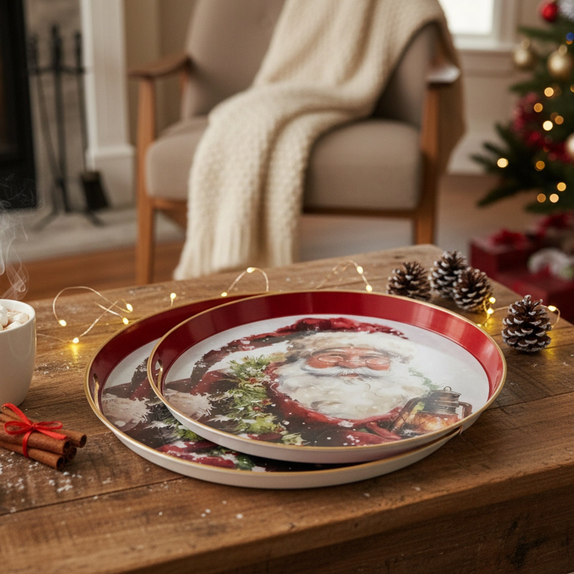Round Nested Tray Santa with Lantern Set of 2, Christmas, Lantern, Holiday Decor