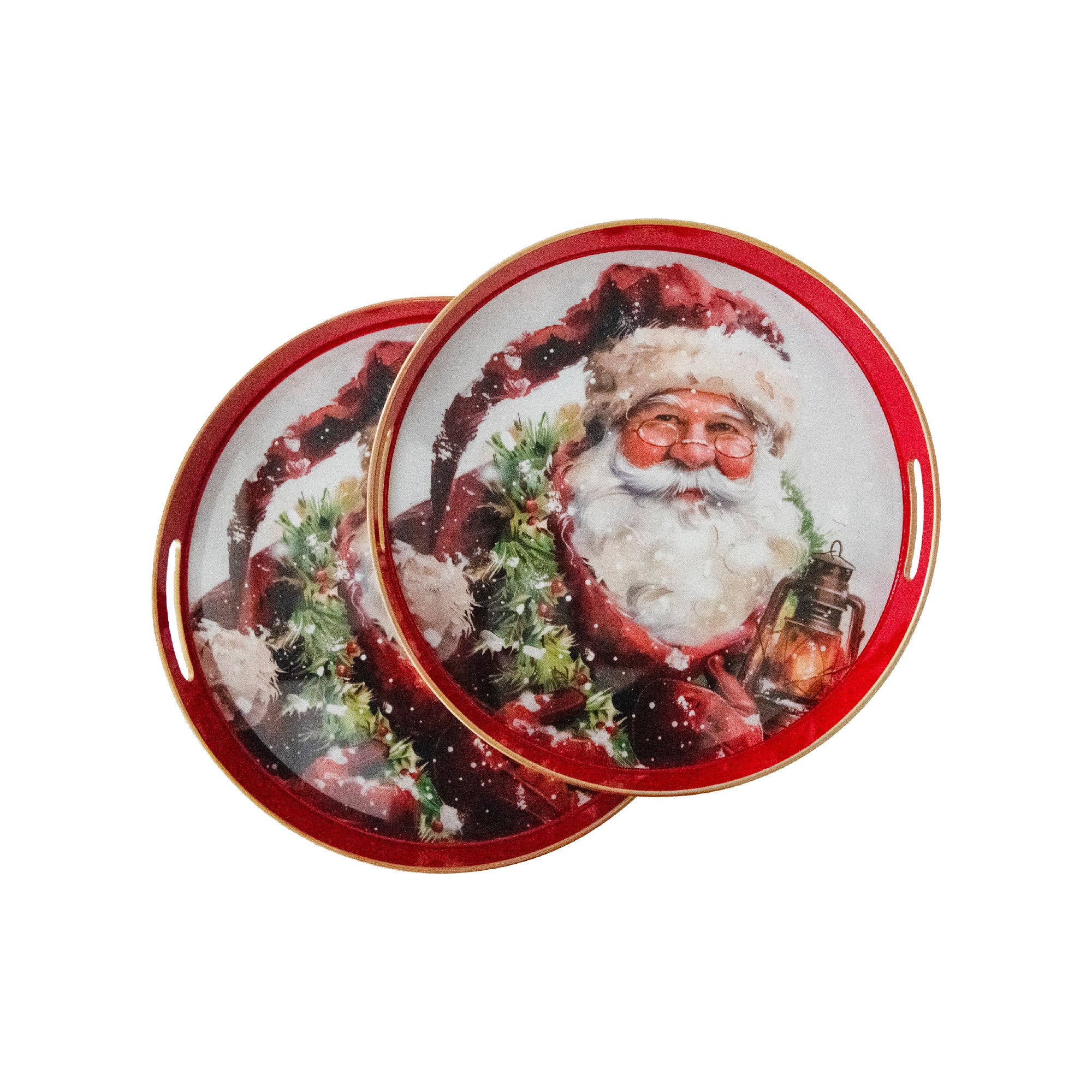 Round Nested Tray Santa with Lantern Set of 2, Christmas, Lantern, Holiday Decor