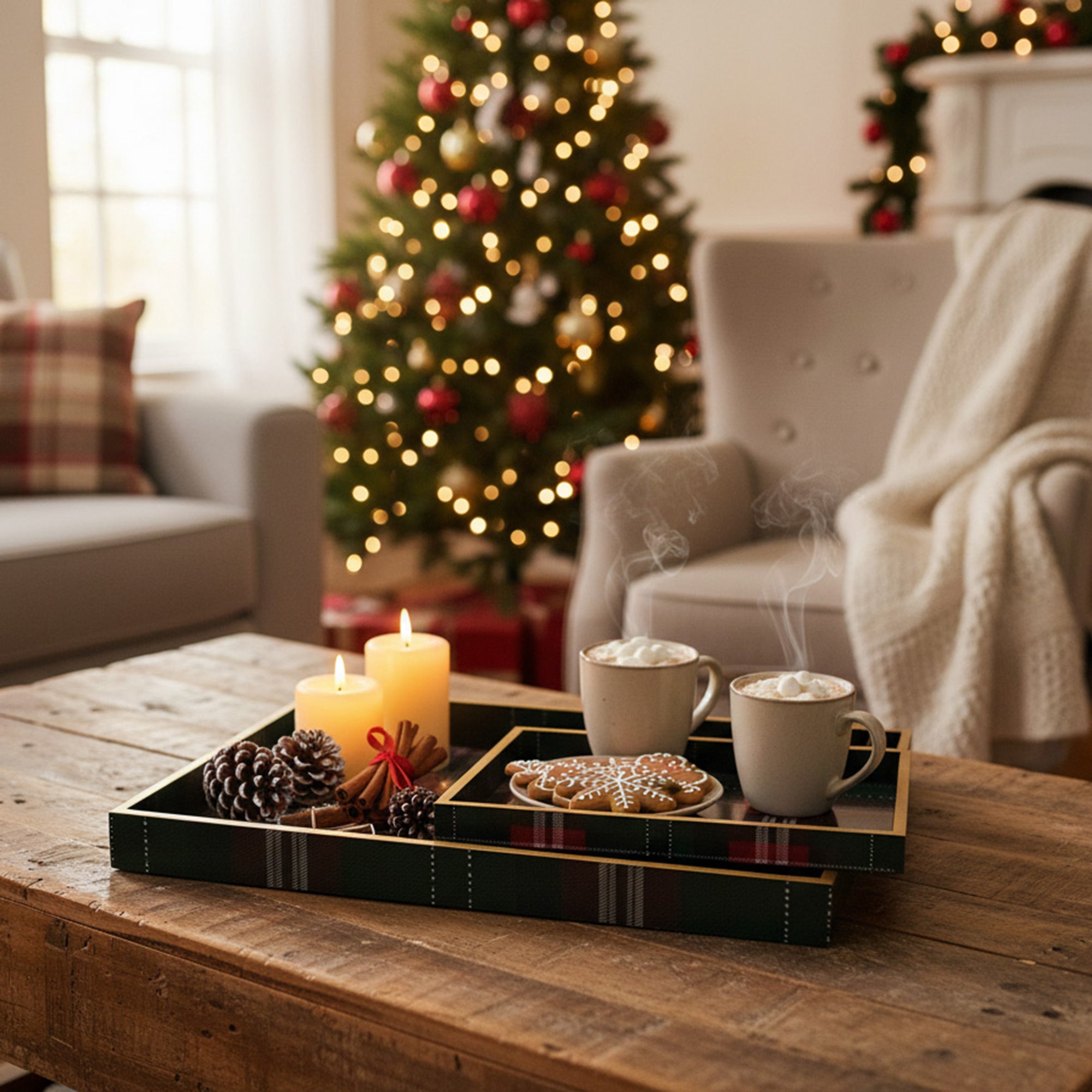 Rectangular Nested Tray Christmas Plaid Set of 2, Christmas, Storage Box, Holiday Decor