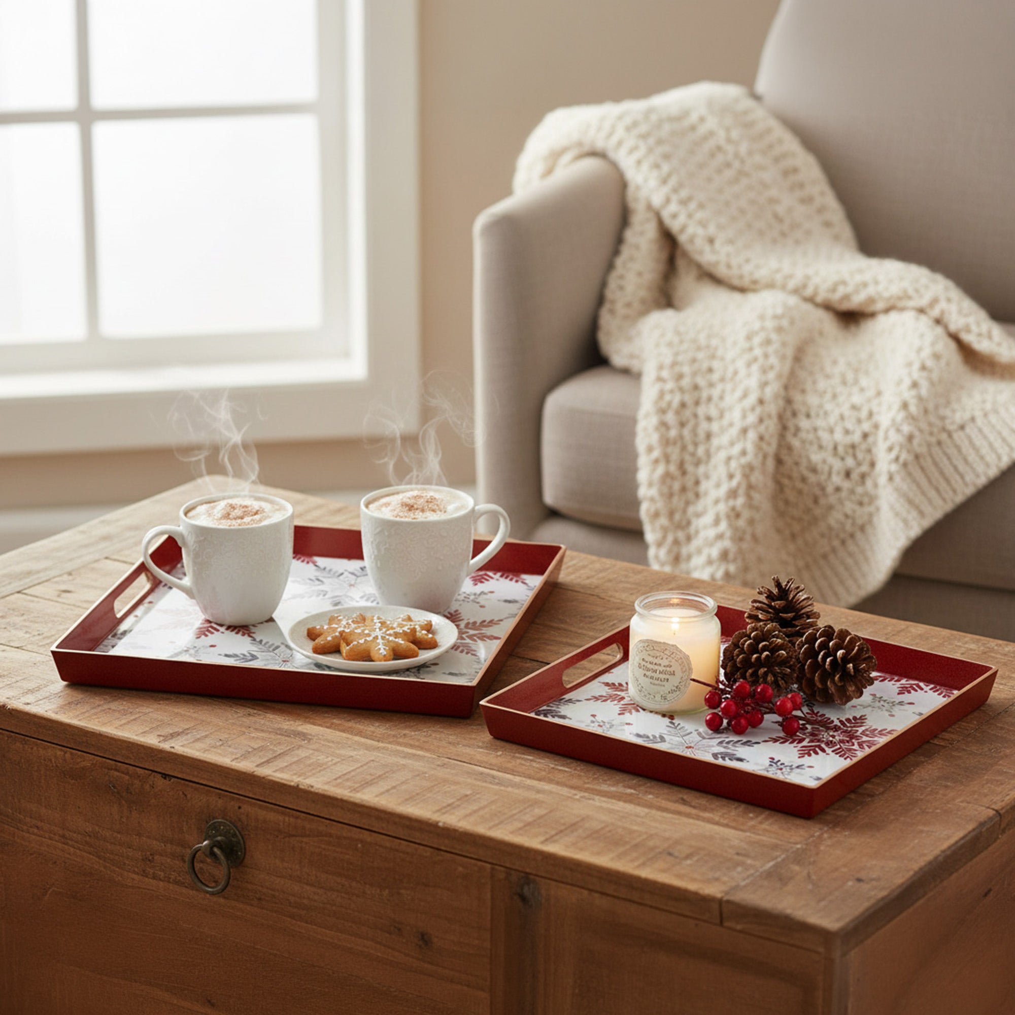Square Nested Tray Snowflake Pattern Set of 2, Christmas, Storage Box, Holiday Decor