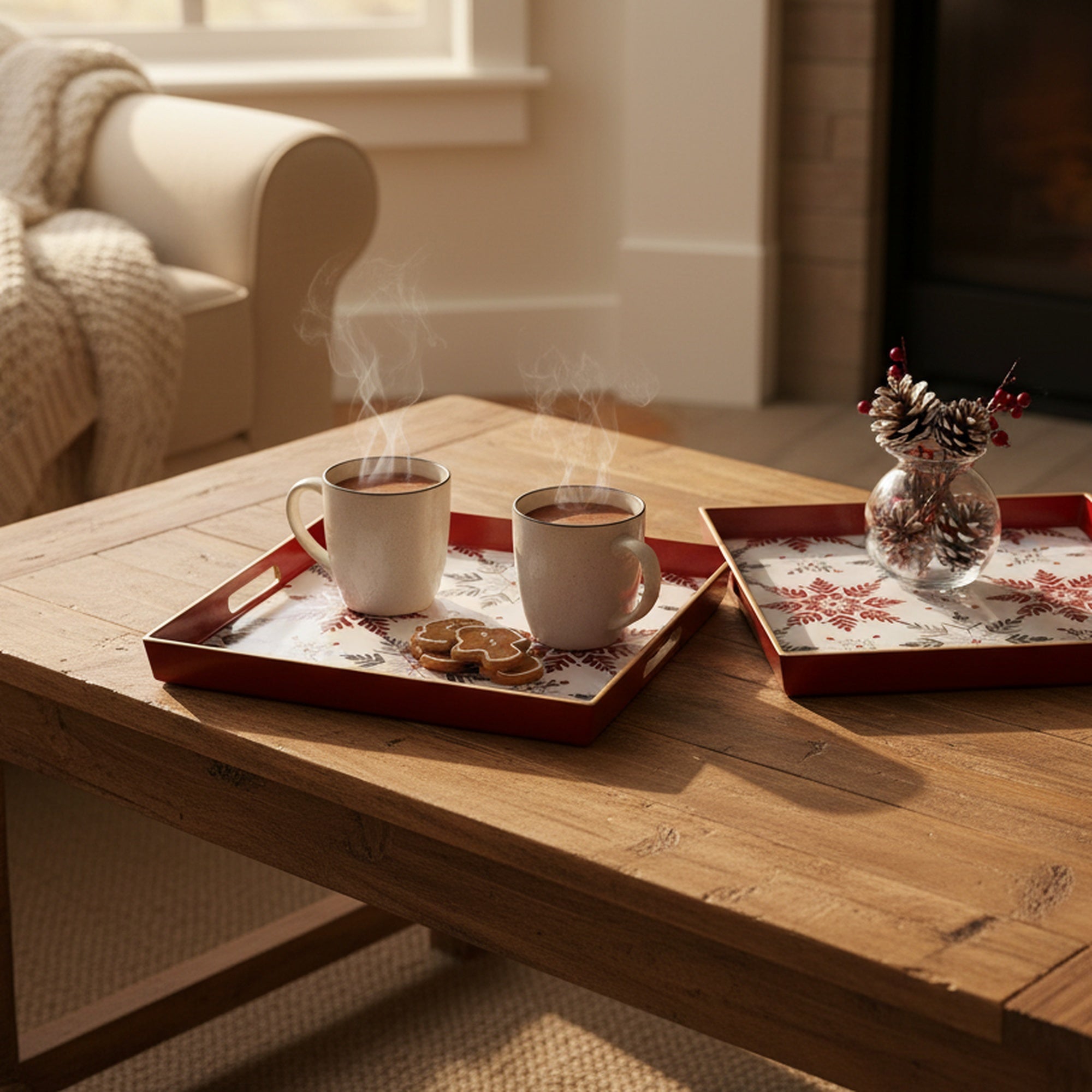 Square Nested Tray Snowflake Pattern Set of 2, Christmas, Storage Box, Holiday Decor
