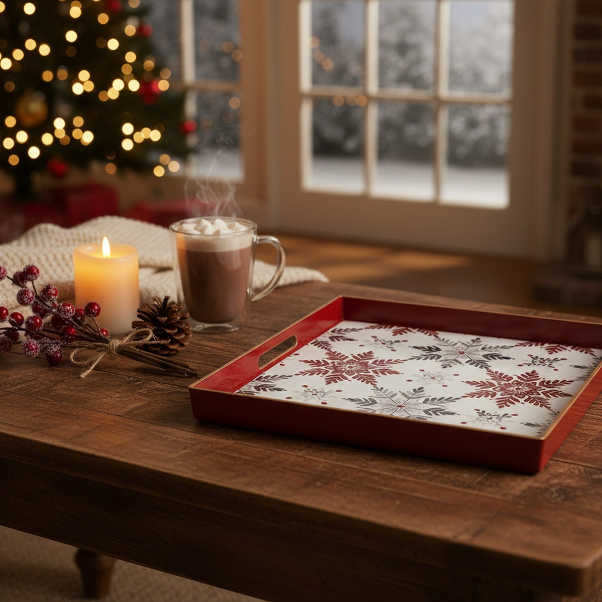 Square Nested Tray Snowflake Pattern Set of 2, Christmas, Storage Box, Holiday Decor