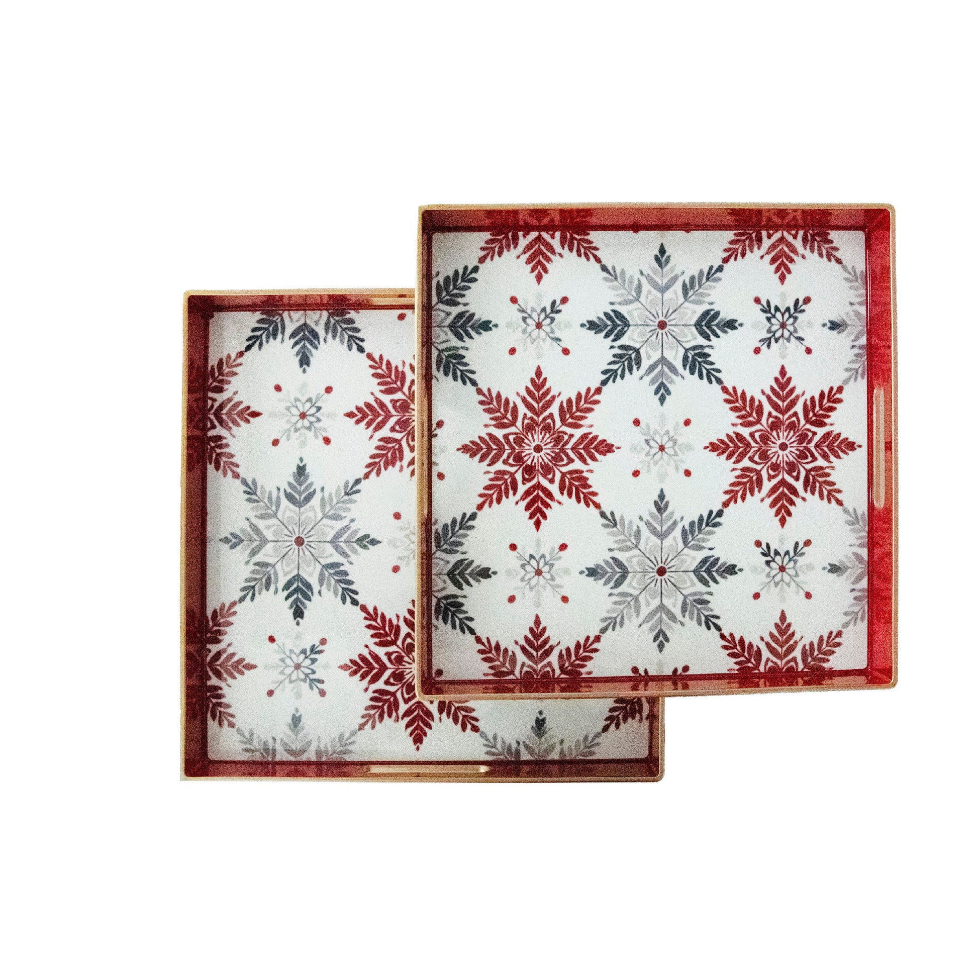 Square Nested Tray Snowflake Pattern Set of 2, Christmas, Storage Box, Holiday Decor