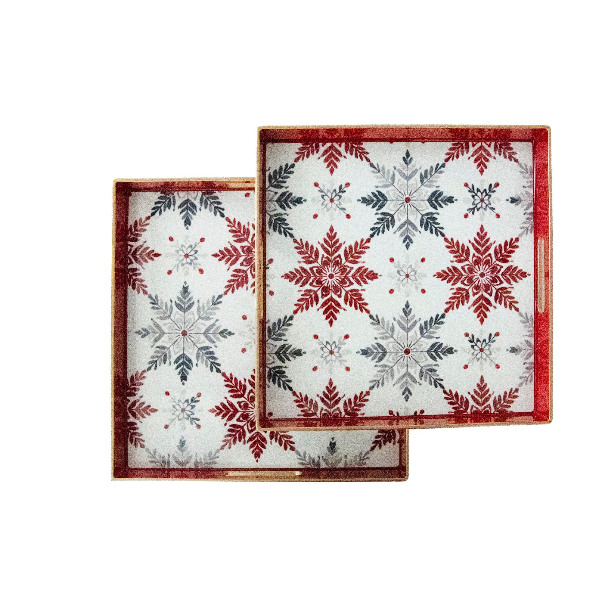 Square Nested Tray Snowflake Pattern Set of 2, Christmas, Storage Box, Holiday Decor