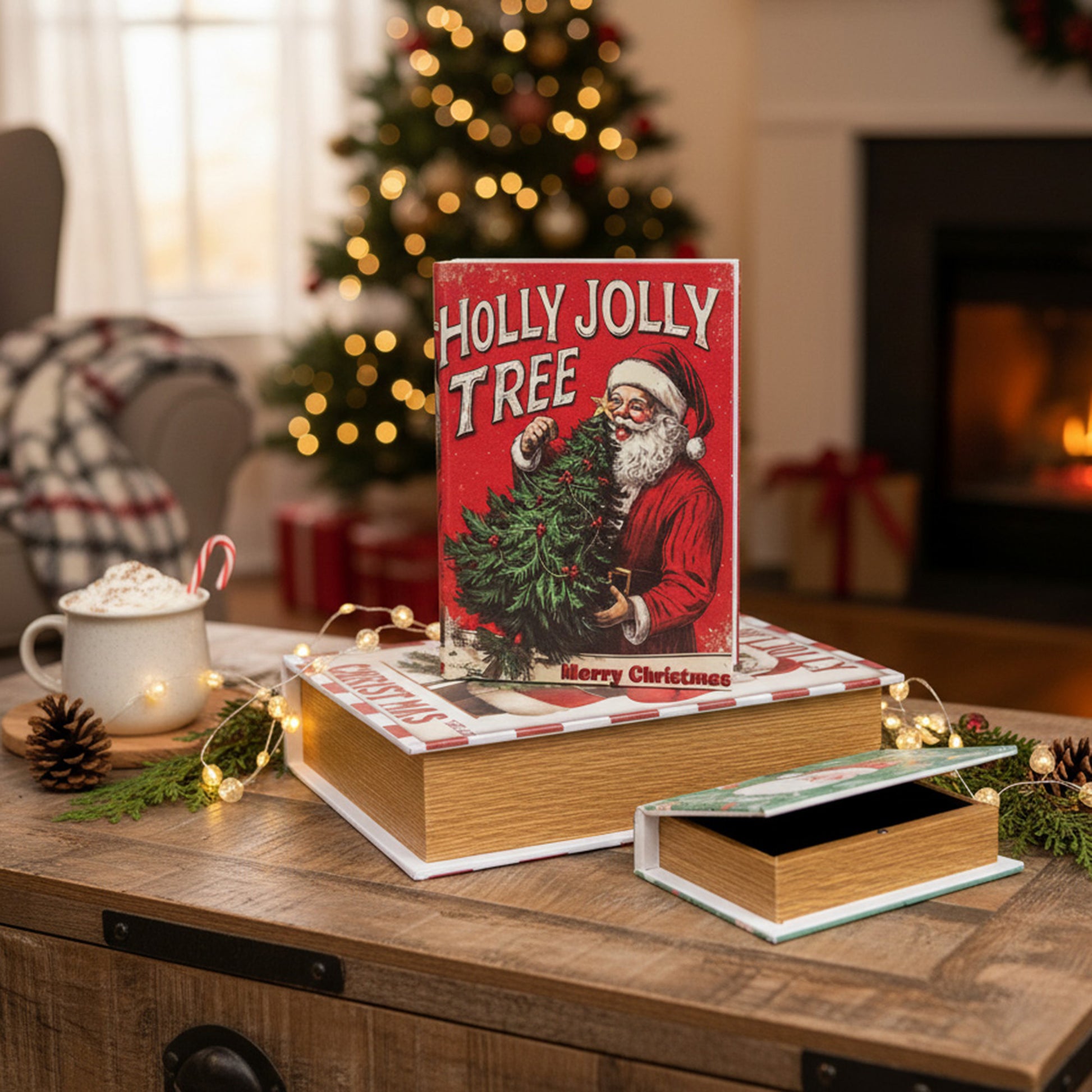 Wooden Storage Book Holly Jolly Santa Set of 3, Christmas, Storage Box, Holiday Decor