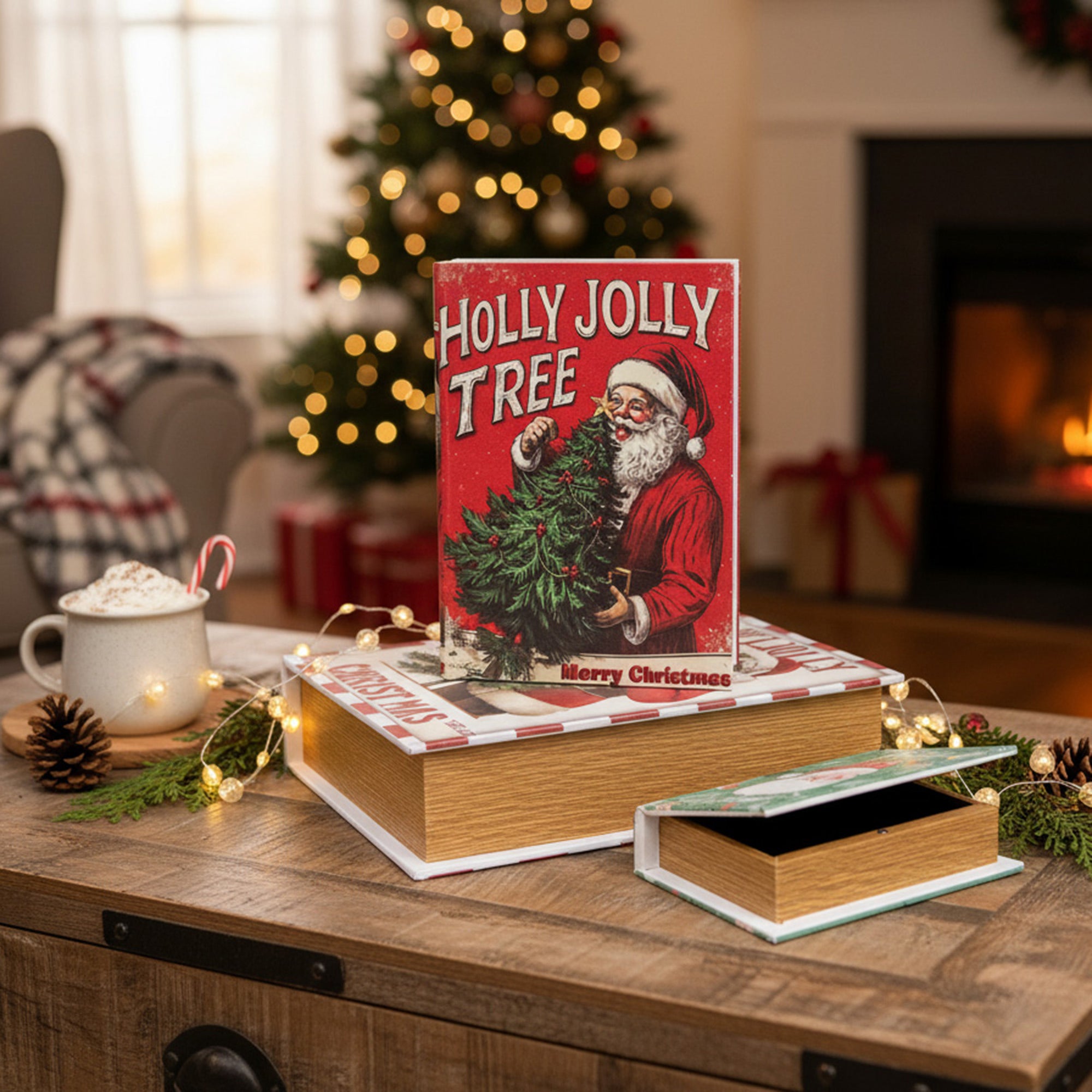 Wooden Storage Book Holly Jolly Santa Set of 3, Christmas, Storage Box, Holiday Decor