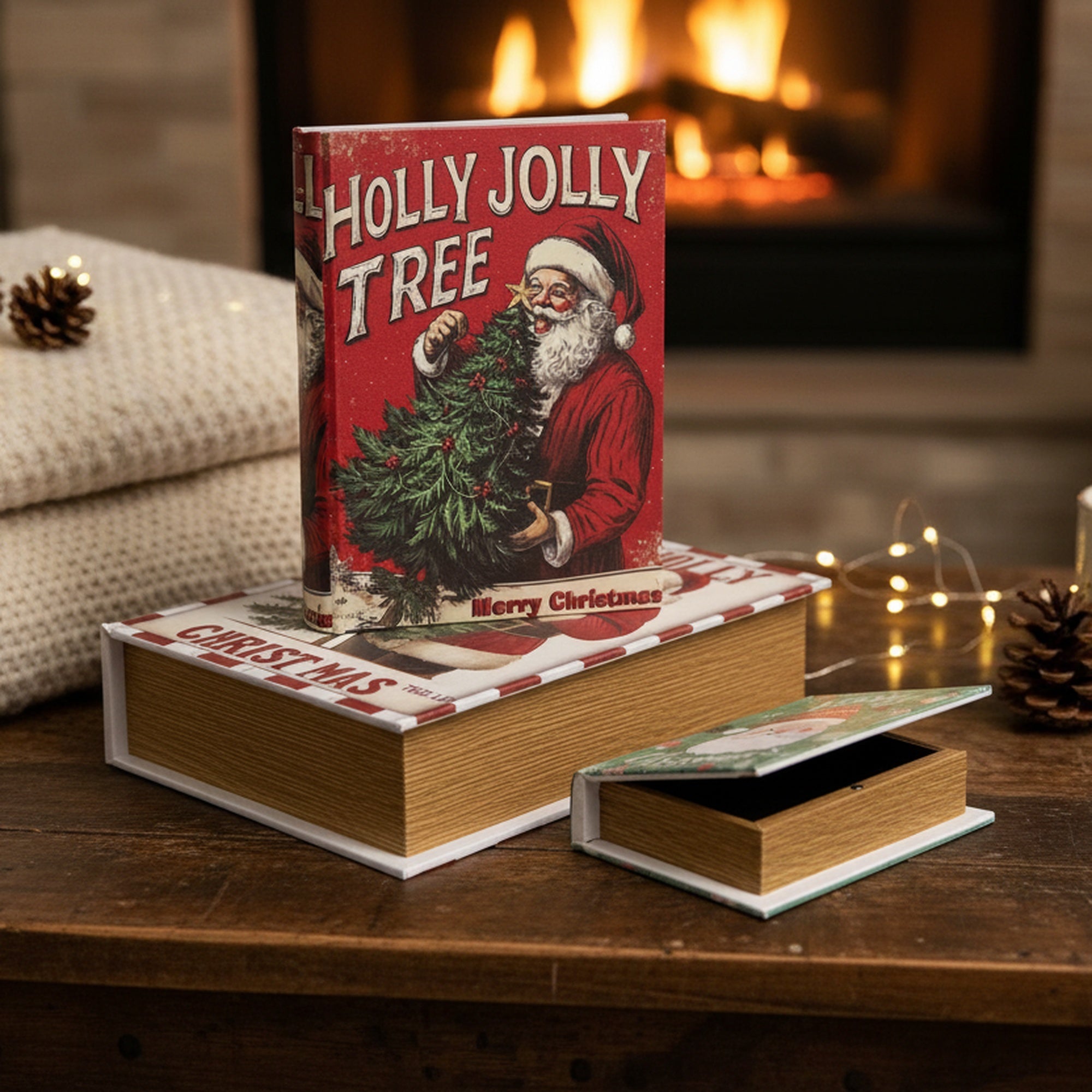 Wooden Storage Book Holly Jolly Santa Set of 3, Christmas, Storage Box, Holiday Decor