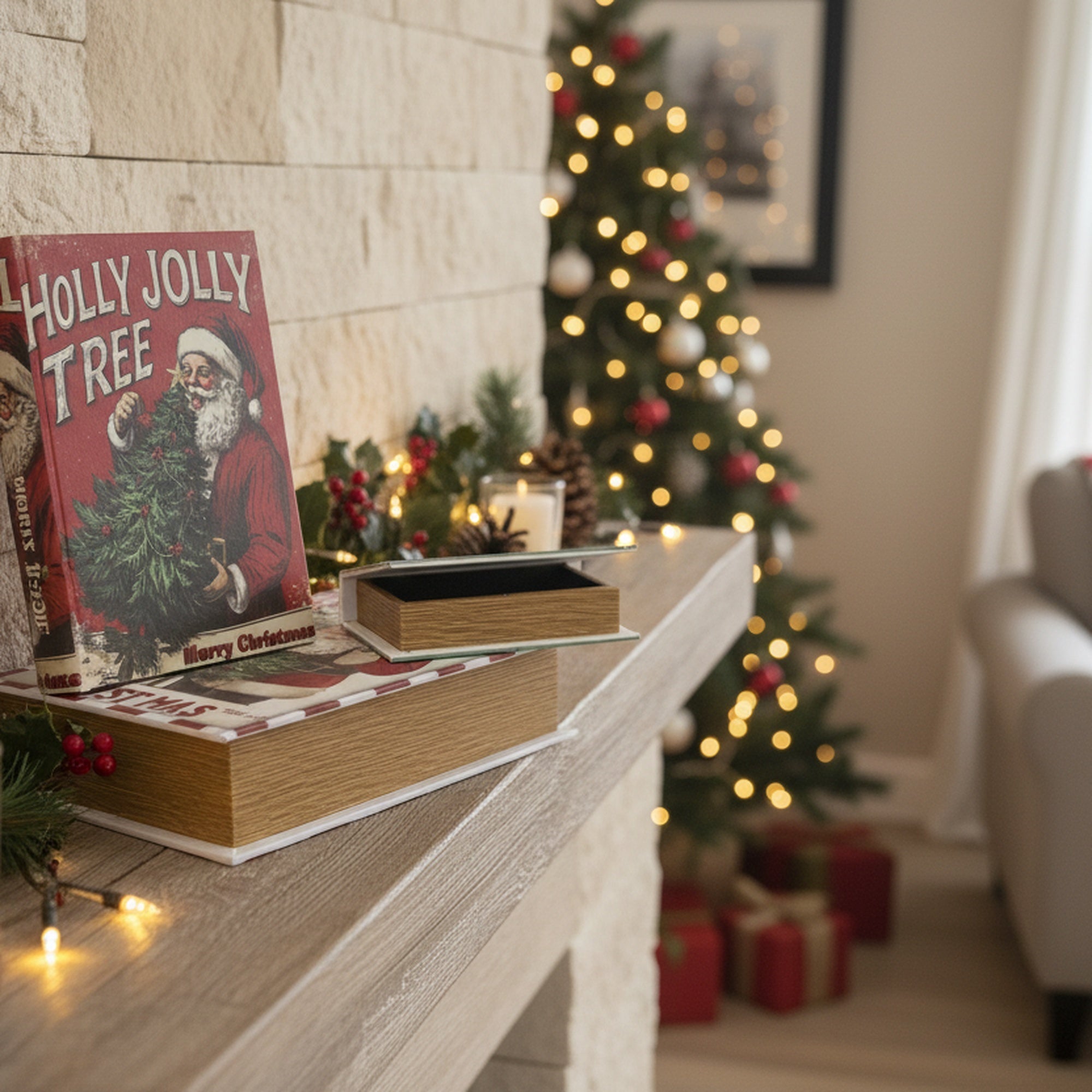 Wooden Storage Book Holly Jolly Santa Set of 3, Christmas, Storage Box, Holiday Decor