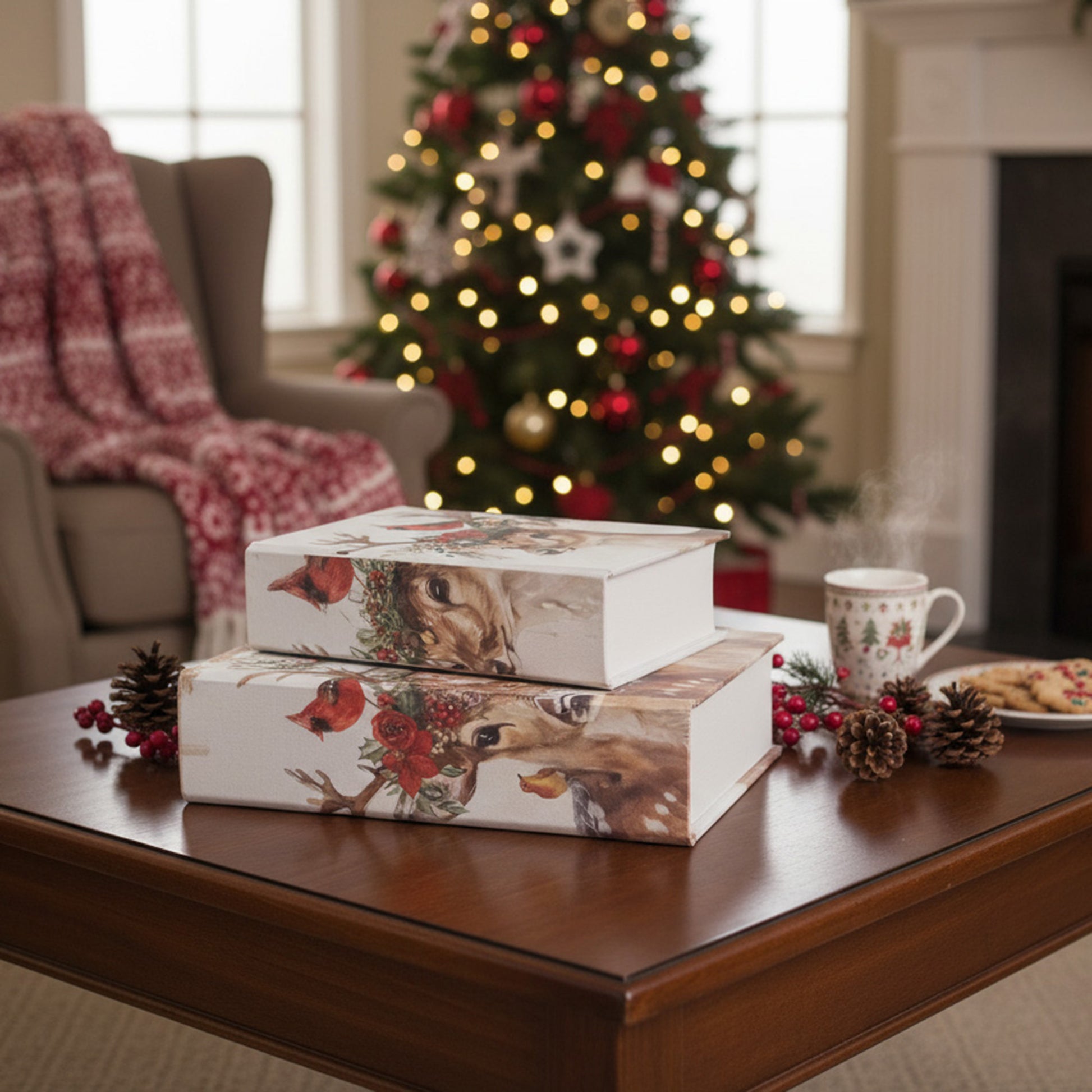 Wooden Storage Book Bird on Reindeer Set of 2, Christmas, Storage Box, Holiday Decor