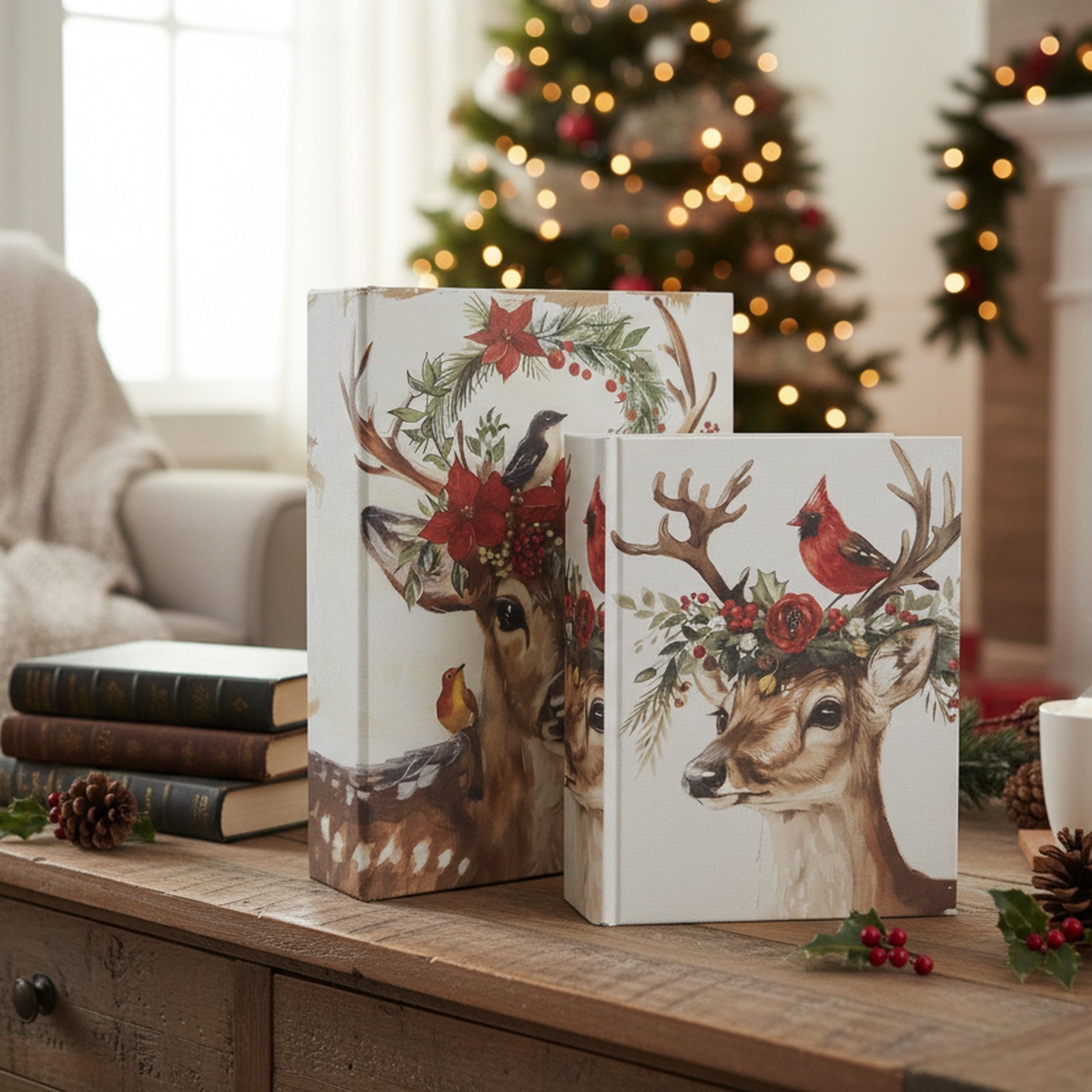 Wooden Storage Book Bird on Reindeer Set of 2, Christmas, Storage Box, Holiday Decor