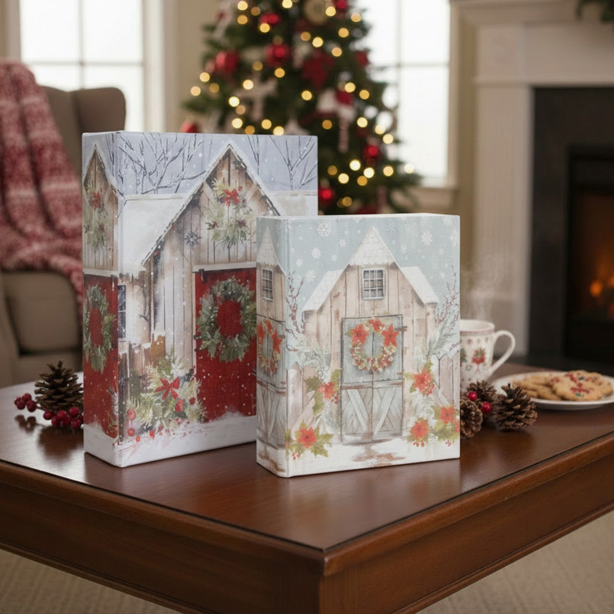 Wooden Storage Book Festive House Set of 2, Storage Box, Holiday Decor