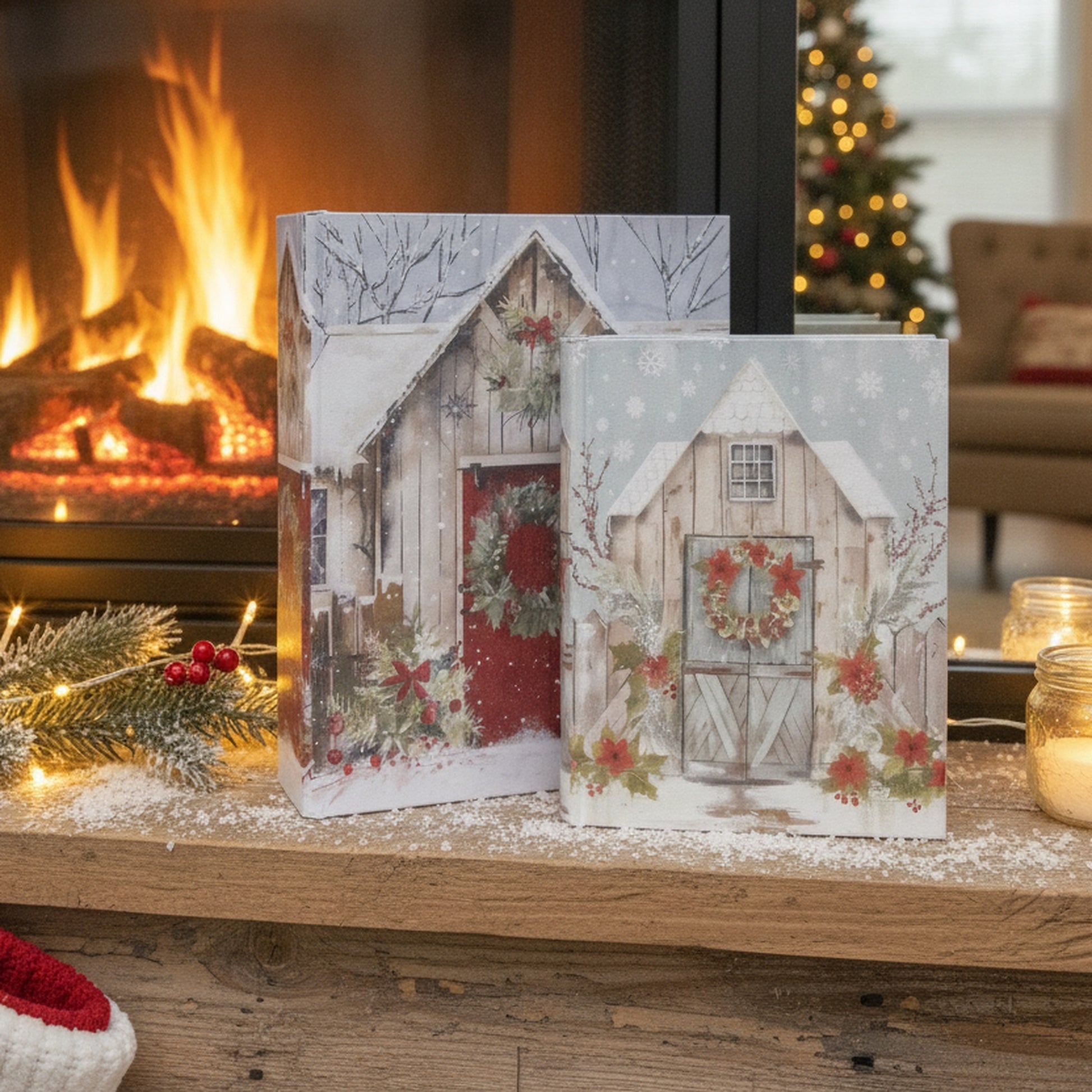 Wooden Storage Book Festive House Set of 2, Storage Box, Holiday Decor