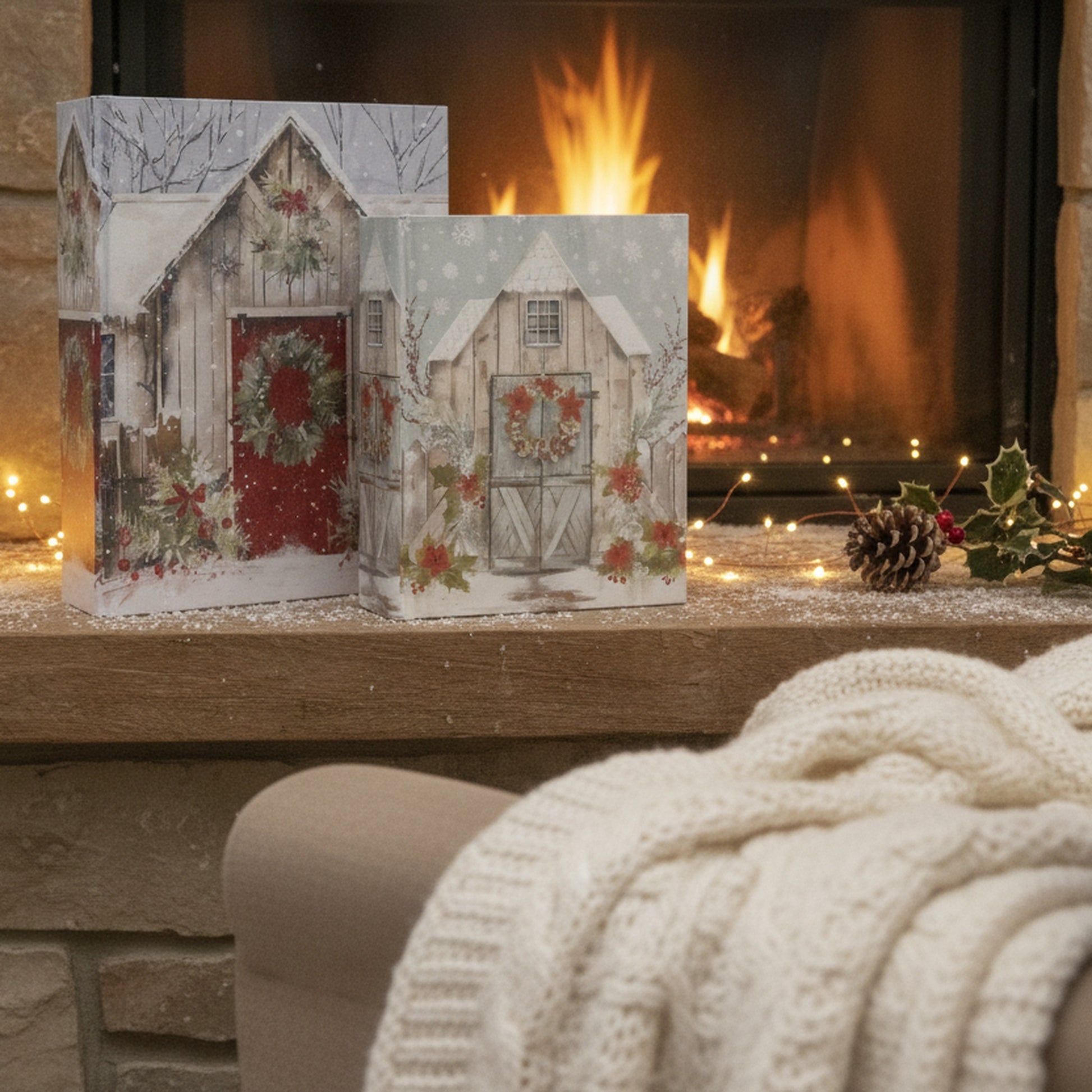 Wooden Storage Book Festive House Set of 2, Storage Box, Holiday Decor