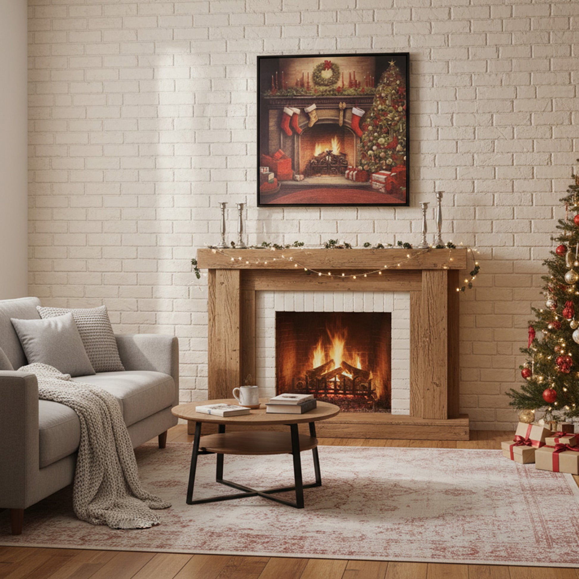 19.7" Framed Canvas Wall Art Fireplace, Wall Decor, Holiday Decor