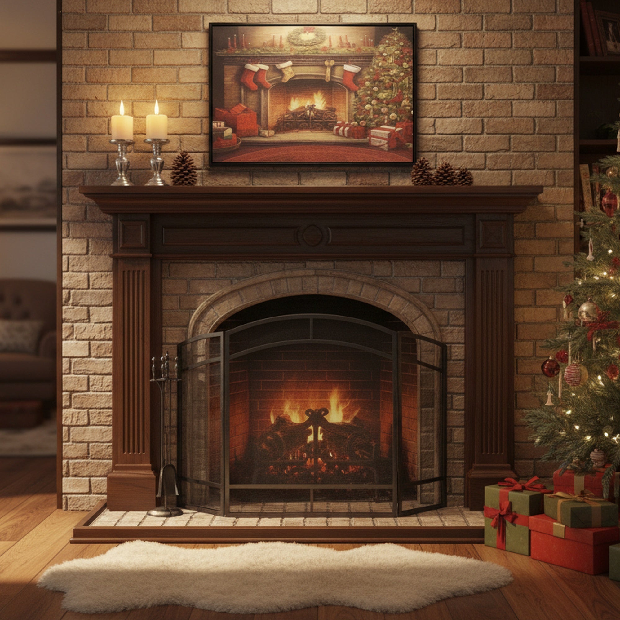19.7" Framed Canvas Wall Art Fireplace, Wall Decor, Holiday Decor