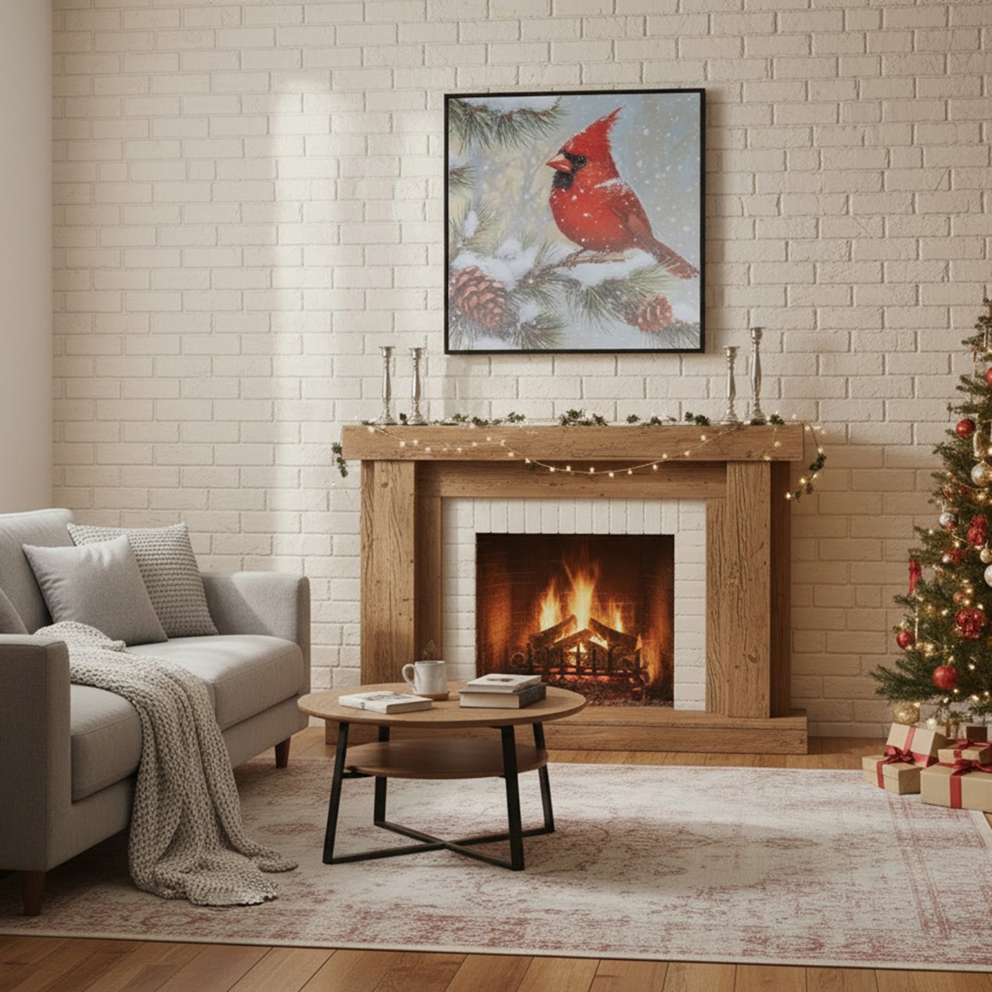 19.7" Framed Canvas Wall Art Cardinal on Pine Branch, Christmas, Wall Decor, Holiday Decor