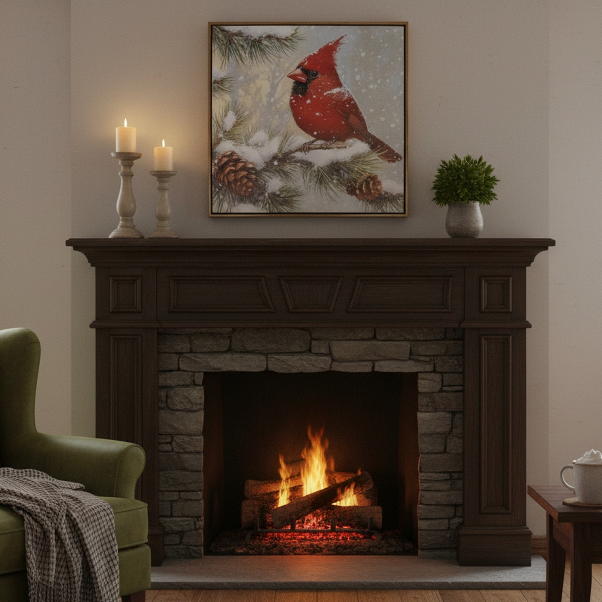 19.7" Framed Canvas Wall Art Cardinal on Pine Branch, Christmas, Wall Decor, Holiday Decor