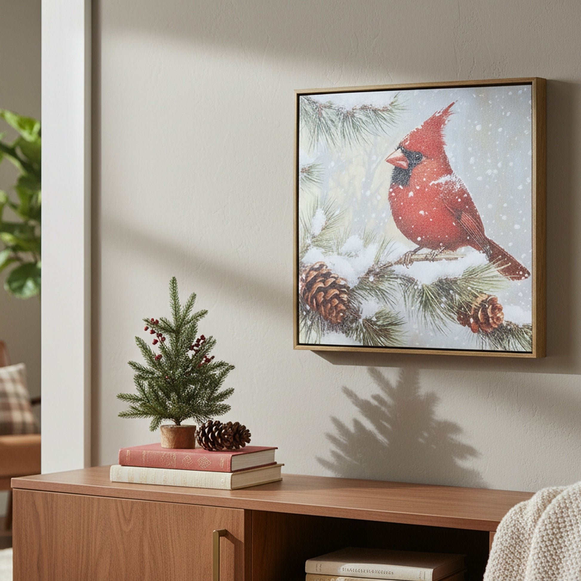 19.7" Framed Canvas Wall Art Cardinal on Pine Branch, Christmas, Wall Decor, Holiday Decor