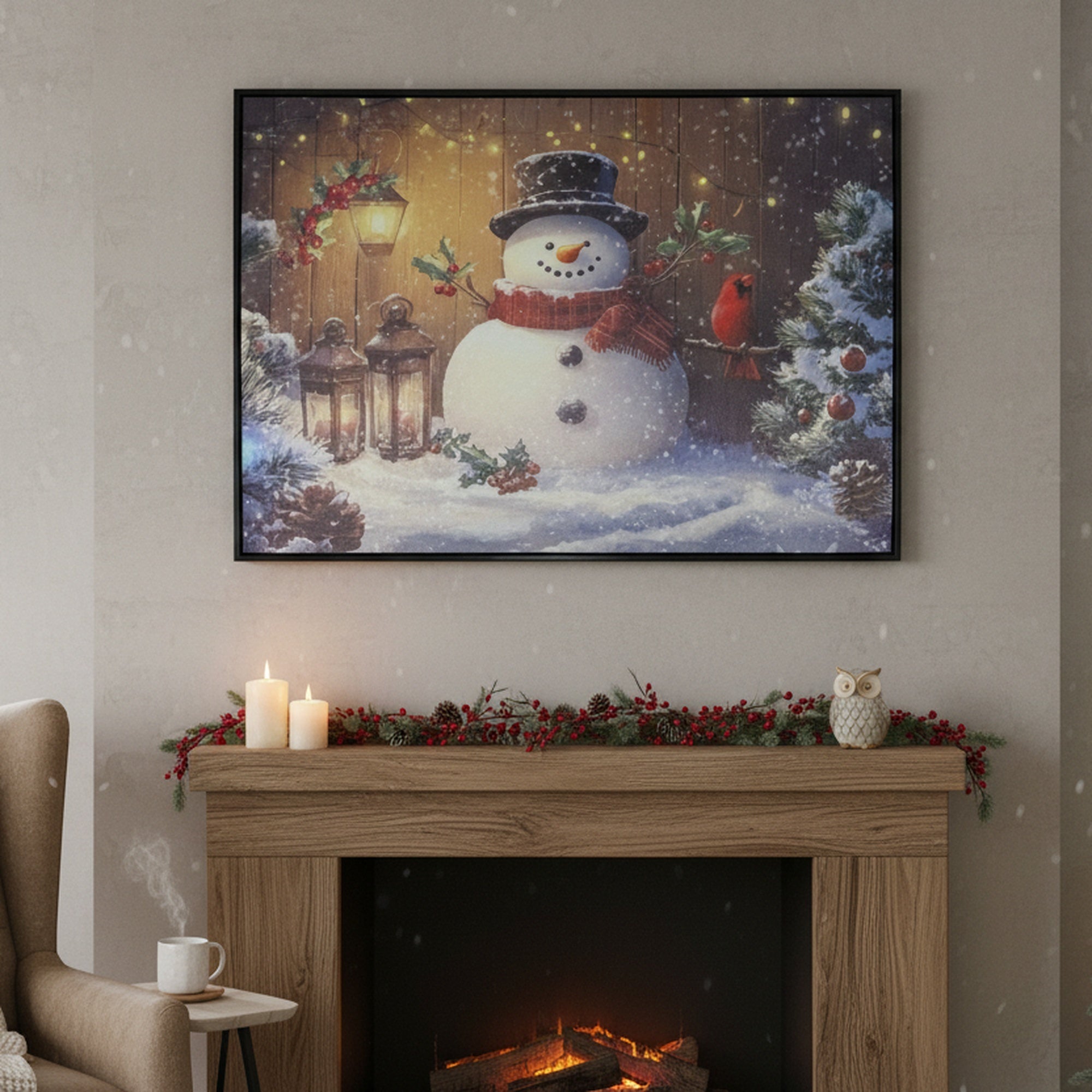32" X 24" Framed Canvas Wall Art Snowman and Cardinal, Christmas, Wall Decor, Holiday Decor