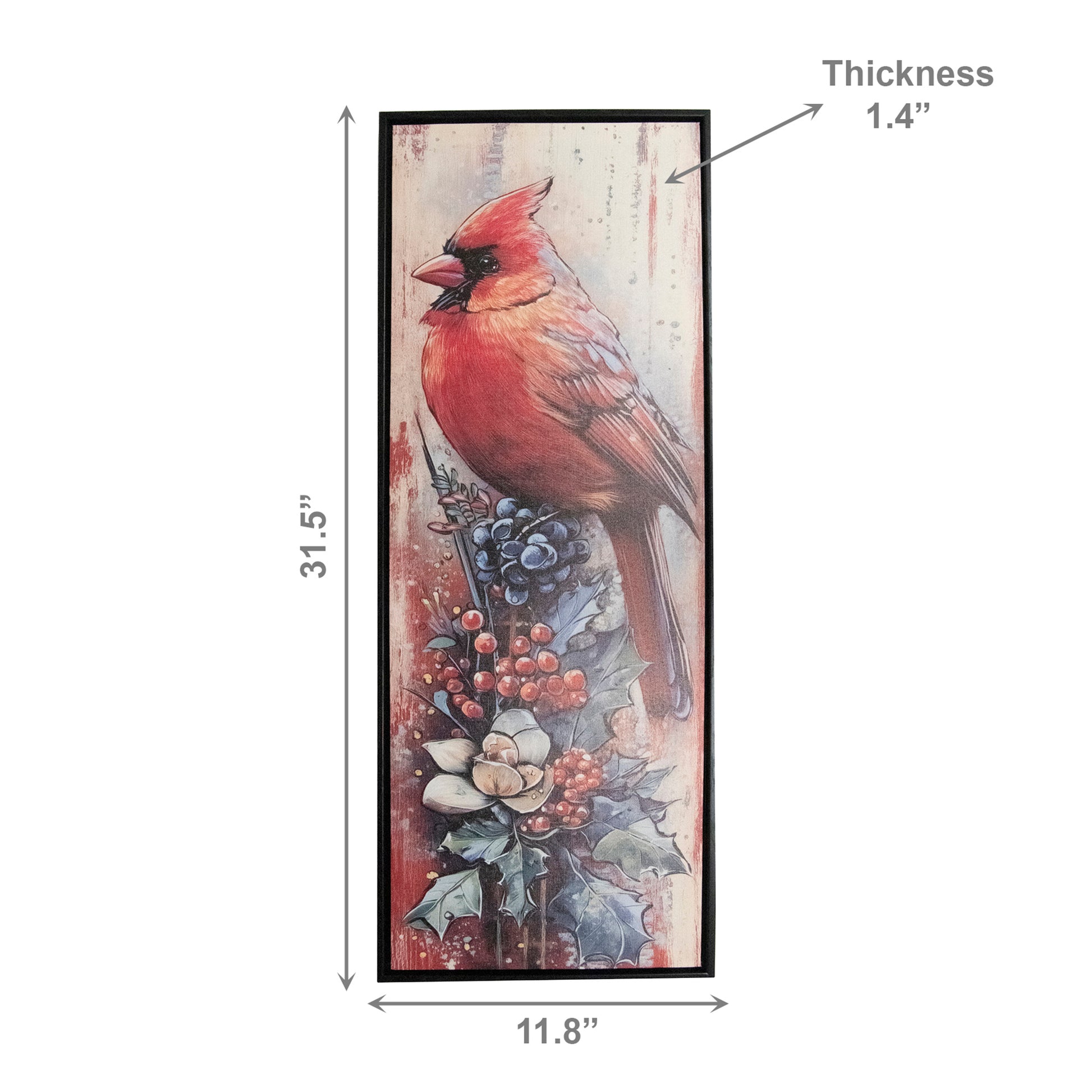 12" X 32" Framed Canvas Wall Art Cardinal on Holly Berries, Christmas, Wall Decor, Holiday Decor