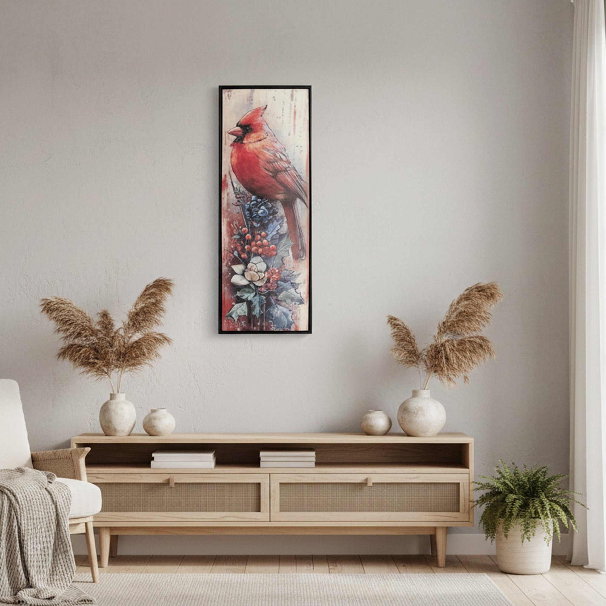 12" X 32" Framed Canvas Wall Art Cardinal on Holly Berries, Christmas, Wall Decor, Holiday Decor