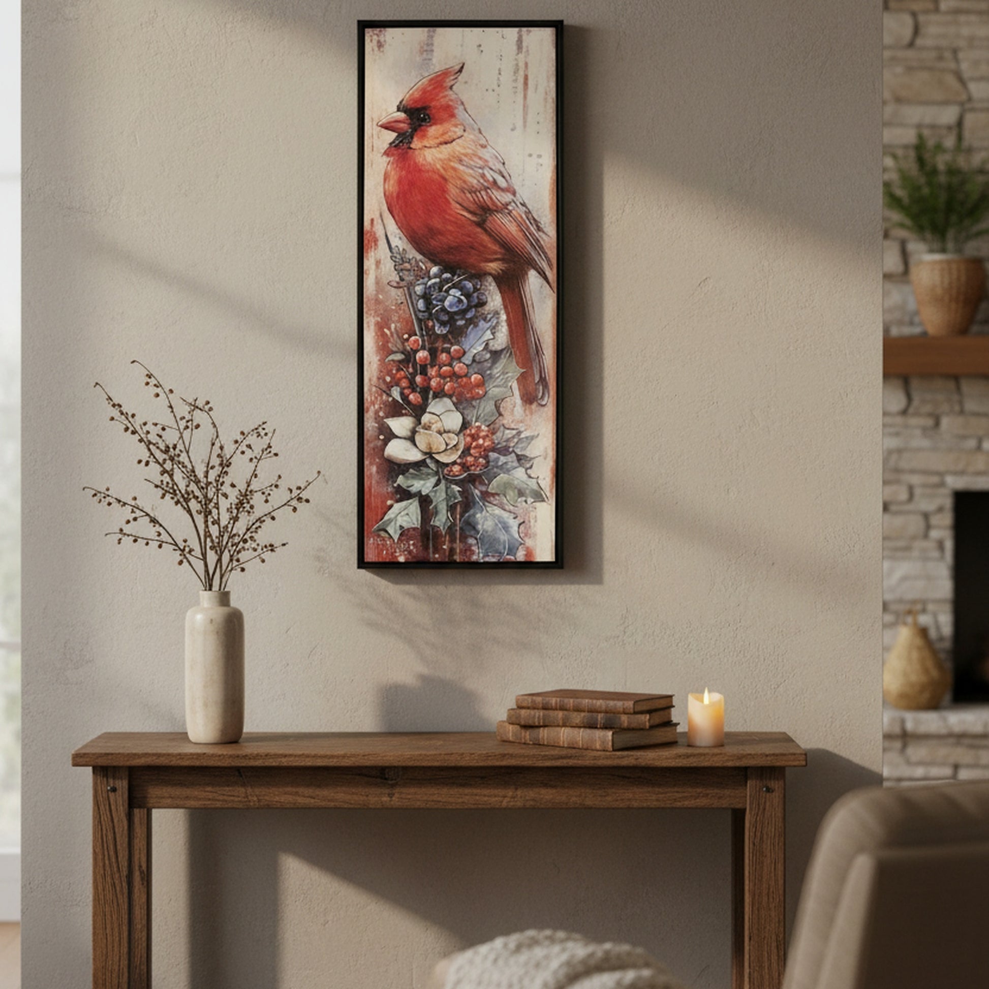 12" X 32" Framed Canvas Wall Art Cardinal on Holly Berries, Christmas, Wall Decor, Holiday Decor