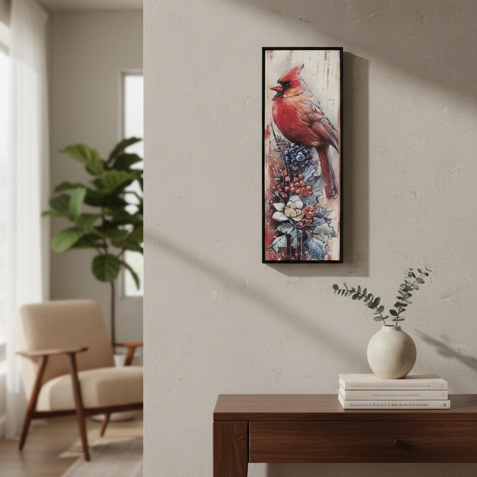 12" X 32" Framed Canvas Wall Art Cardinal on Holly Berries, Christmas, Wall Decor, Holiday Decor
