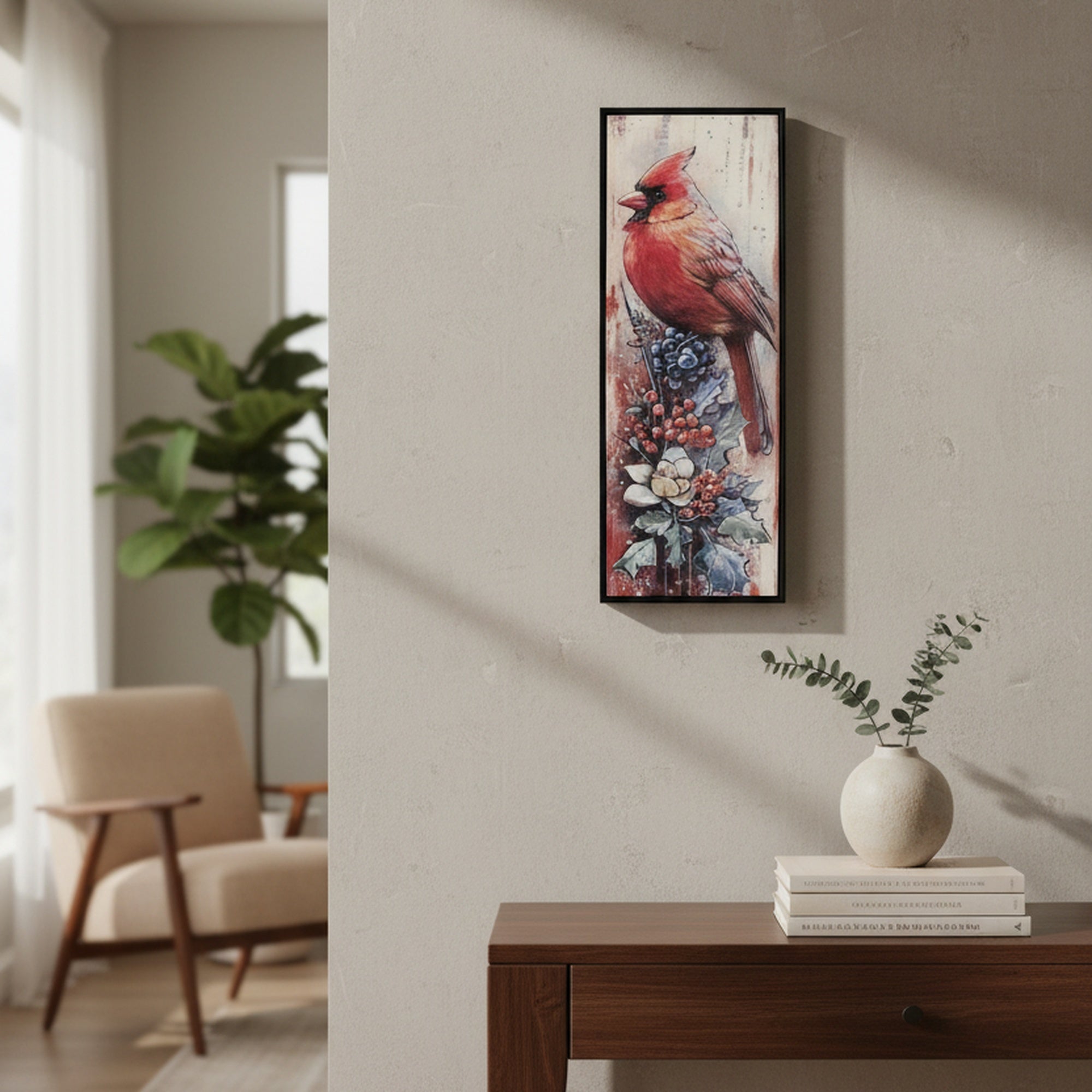 12" X 32" Framed Canvas Wall Art Cardinal on Holly Berries, Christmas, Wall Decor, Holiday Decor