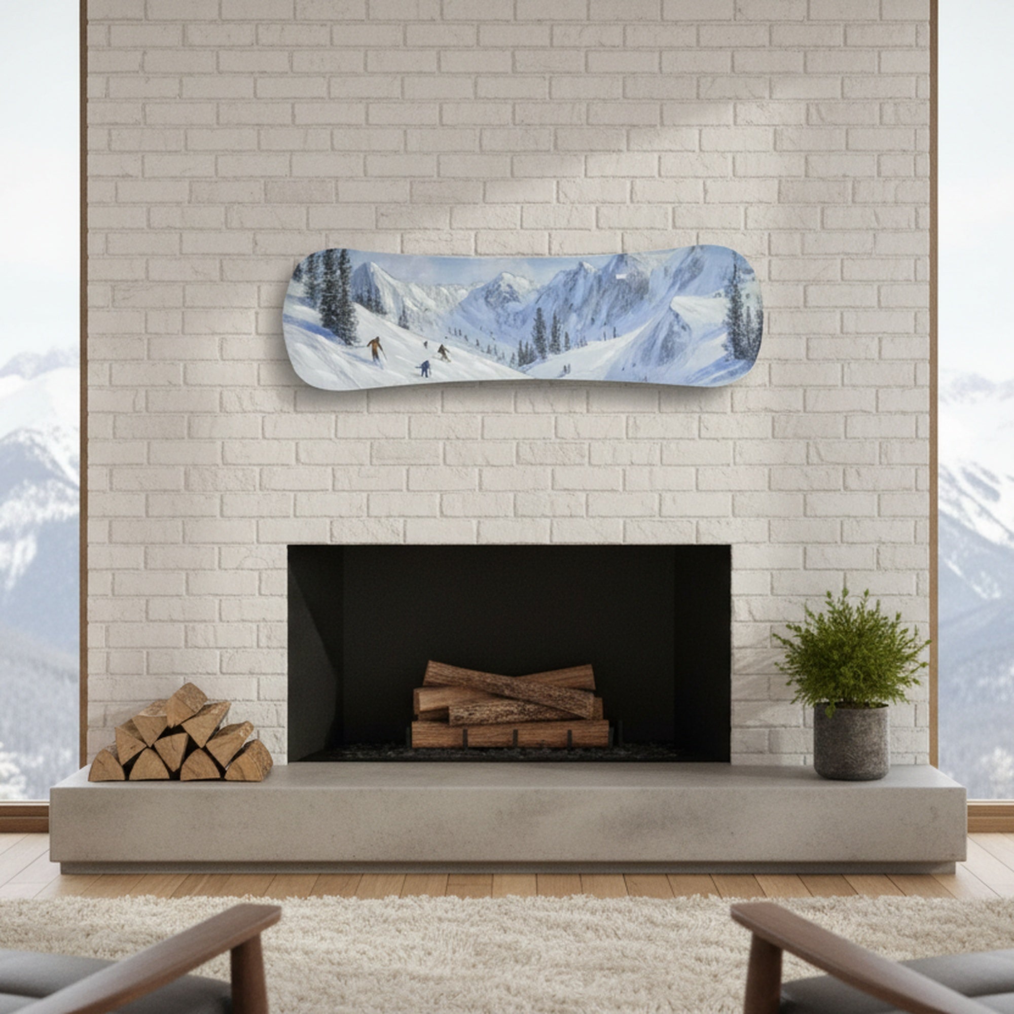 Snowboard Shaped Canvas Wall Art Mountain Skiers, Winter, Wall Decor, Holiday Decor
