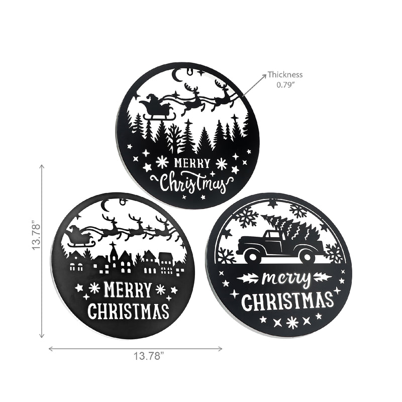 Round Galvanized Scenic Wall Decor (Merry Christmas) (Asstd) - Set of 3