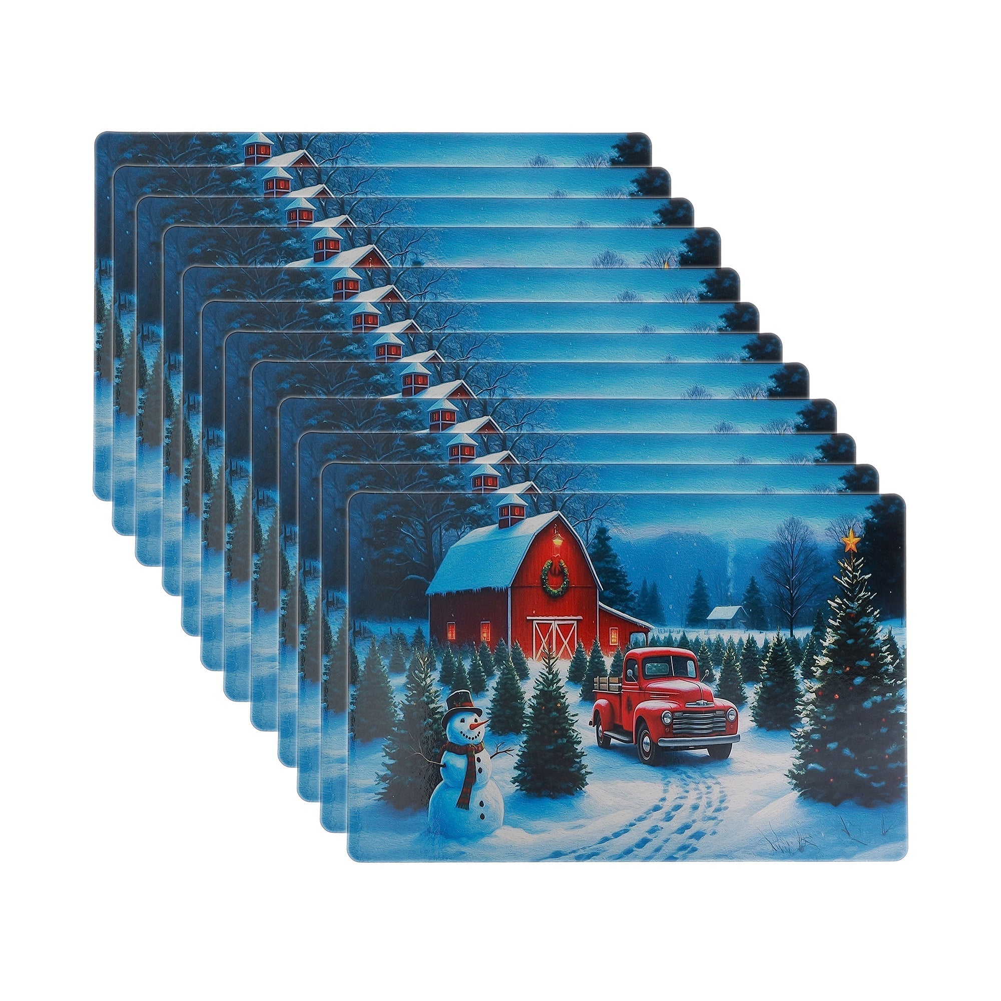 Plastic Placemat Set of 12 Red Truck and Barn – Christmas Table Decor, Holiday Dining Accent, Winter Seasonal Decoration