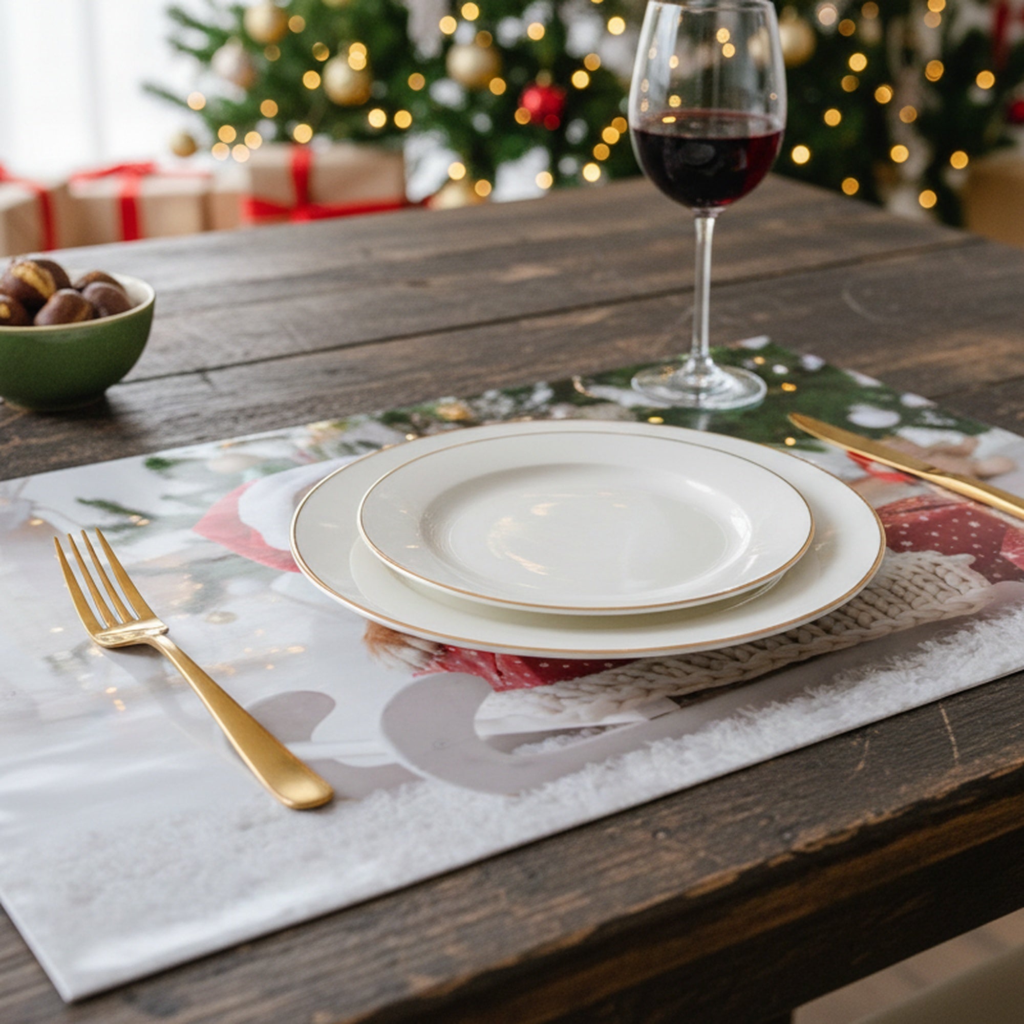 Plastic Placemat Dog with Santa Hat, Christmas, Placemat, Holiday Decor- Set of 12