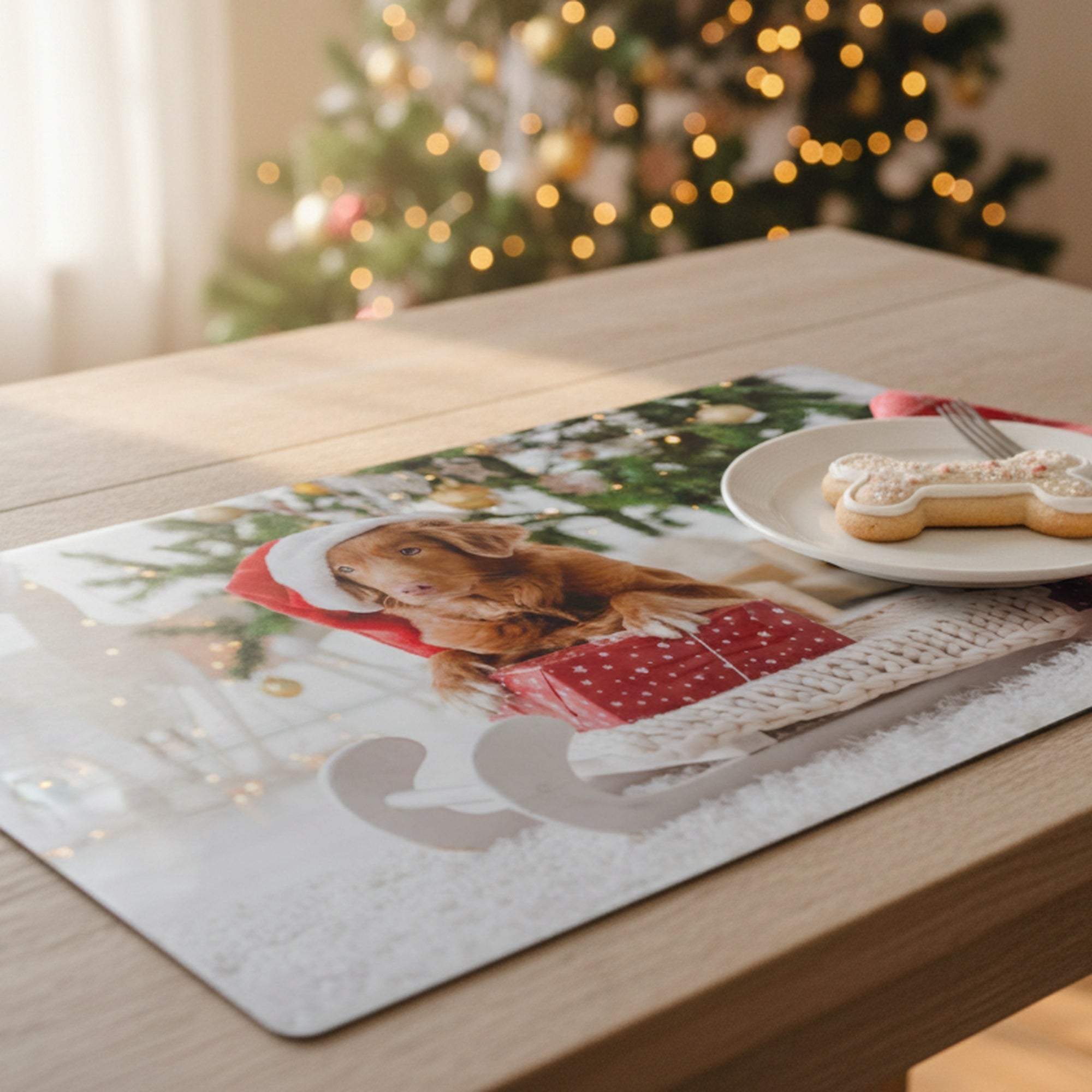 Plastic Placemat Dog with Santa Hat, Christmas, Placemat, Holiday Decor- Set of 12